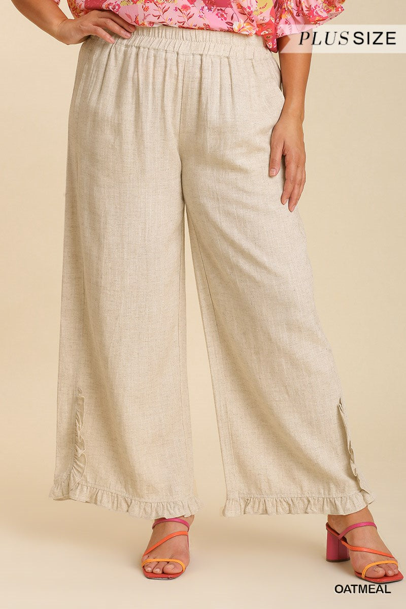 Umgee Plus Linen Blend Elastic Waist Ruffle Hem Pants