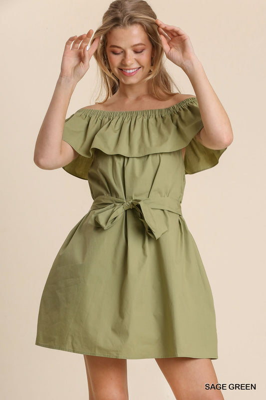 Umgee Ink Ruffle Off Shoulder Self Sash Dress - Roulhac Fashion Boutique