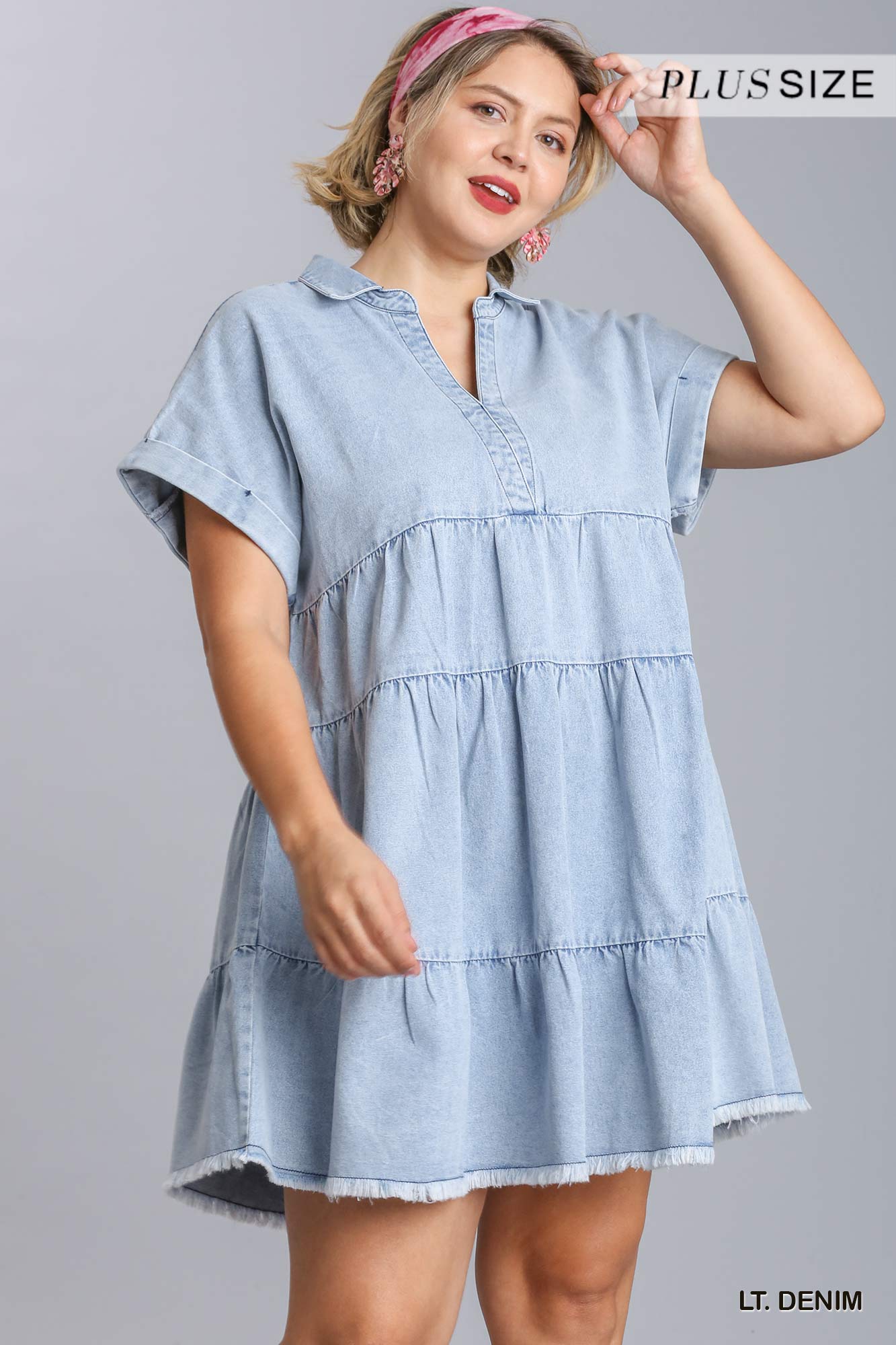 Umgee Plus Short Folded Sleeve V-Neck Collared Ruffle Tiered Denim Dress