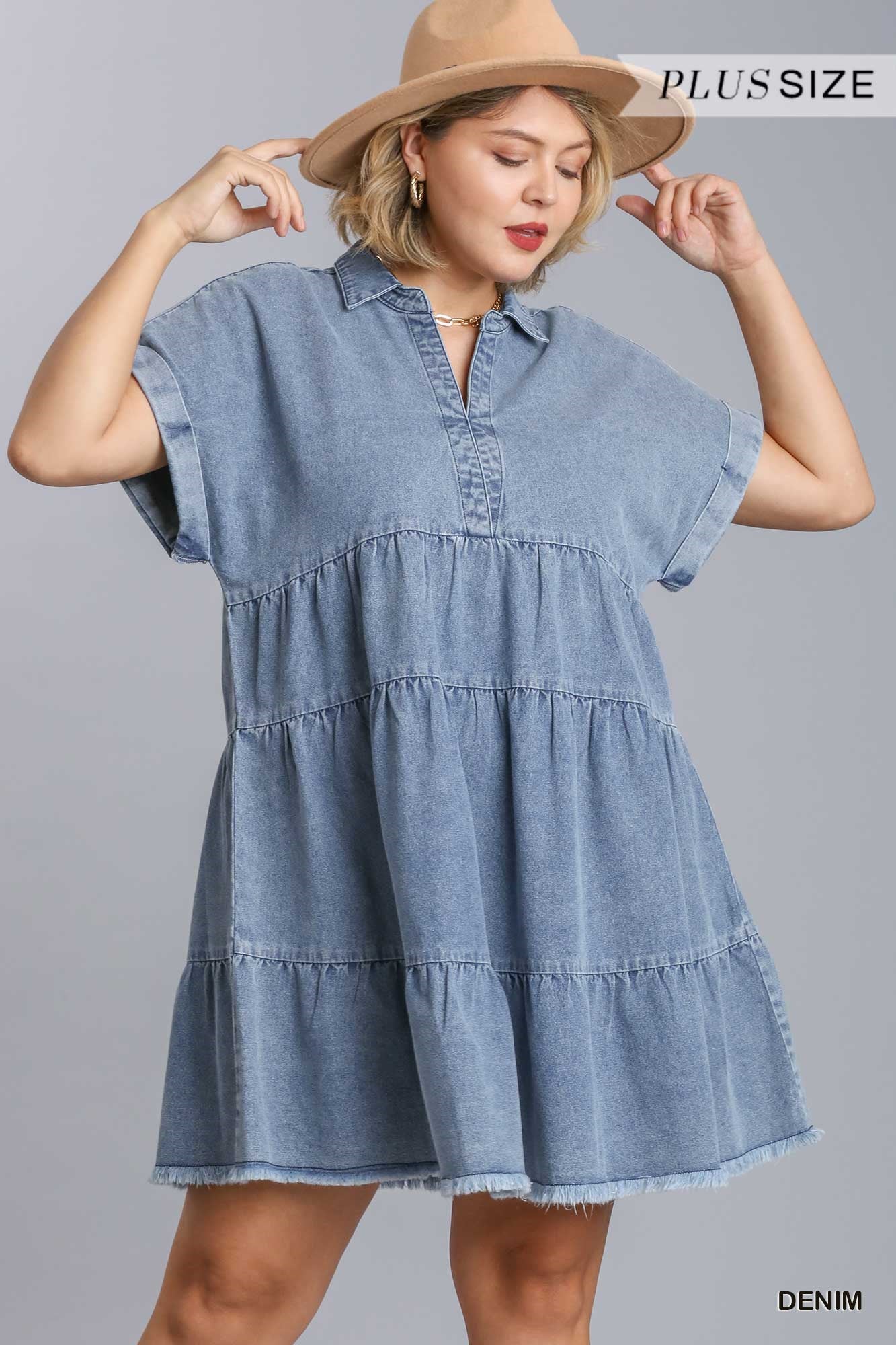 Umgee Plus Short Folded Sleeve V-Neck Collared Ruffle Tiered Denim Dress