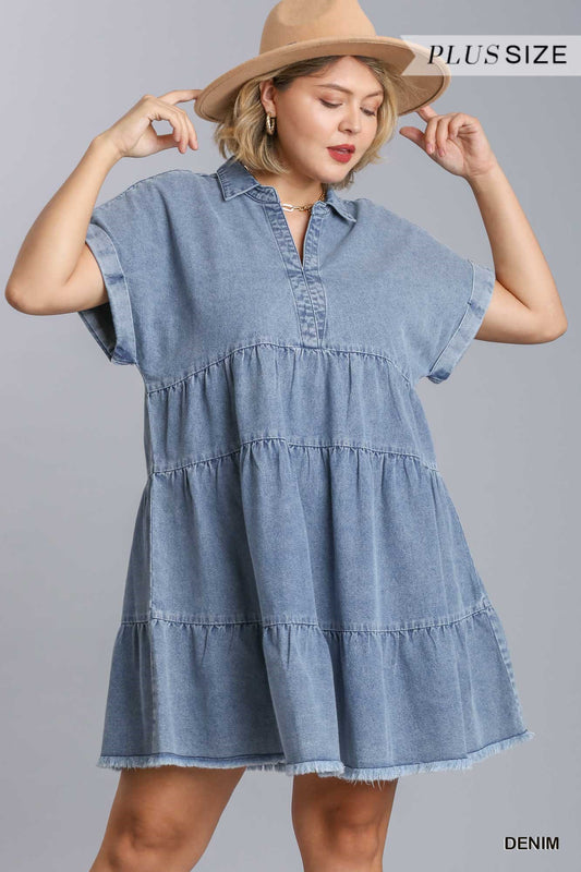 Umgee Plus Short Folded Sleeve V-Neck Collared Ruffle Tiered Denim Dress