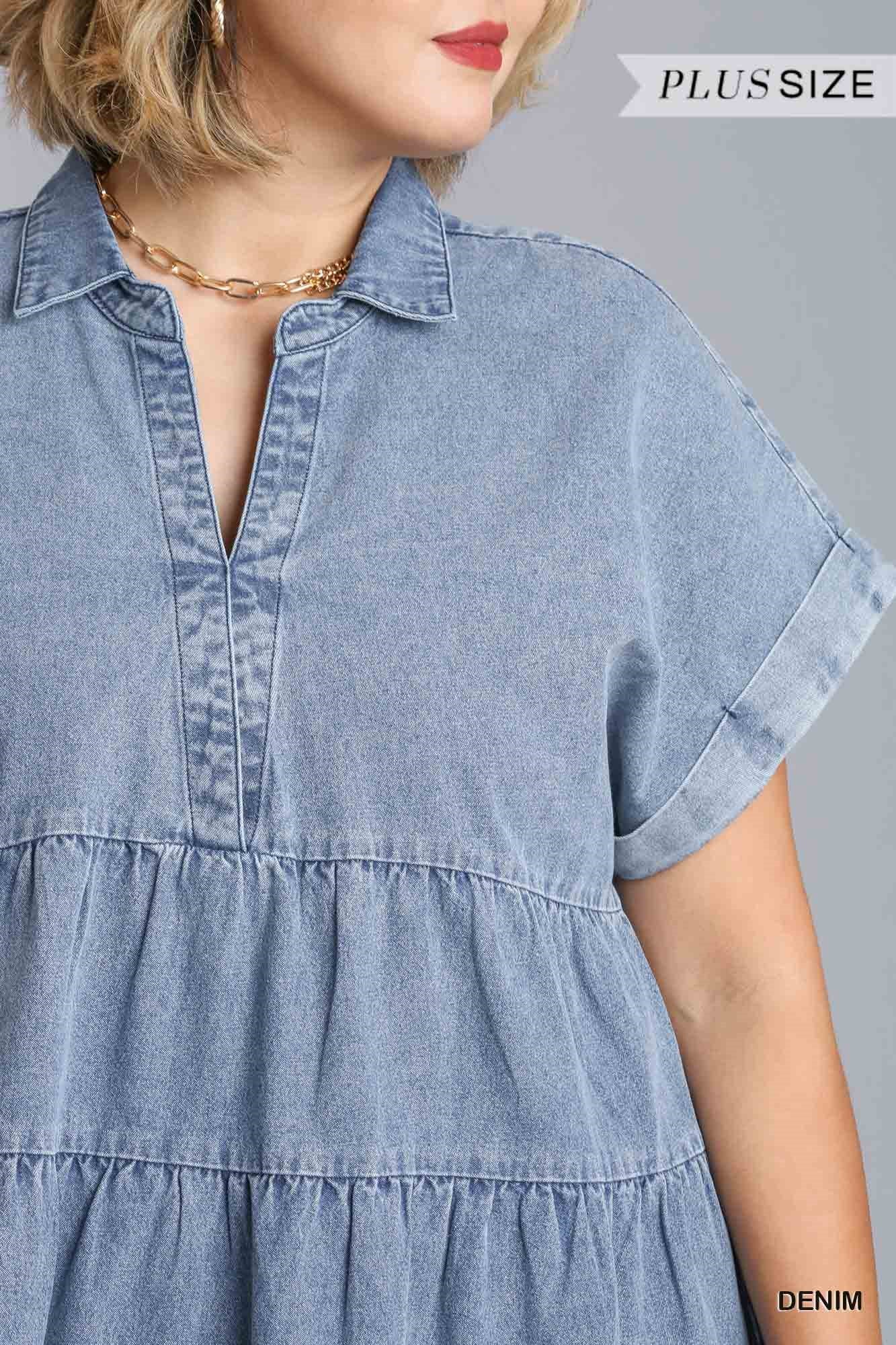 Umgee Plus Short Folded Sleeve V-Neck Collared Ruffle Tiered Denim Dress
