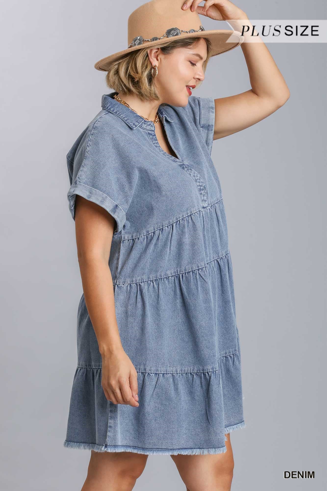 Umgee Plus Short Folded Sleeve V-Neck Collared Ruffle Tiered Denim Dress