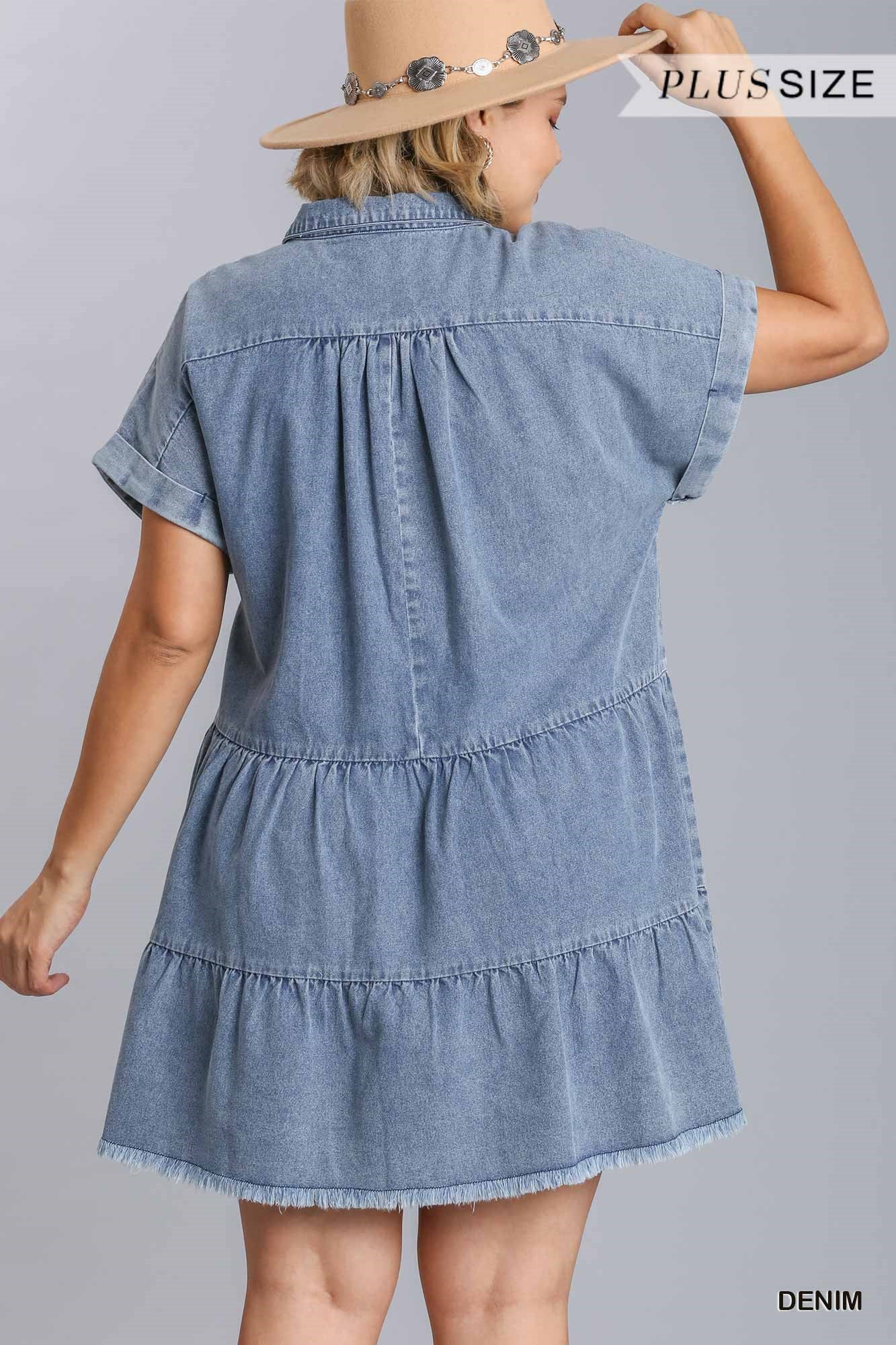 Umgee Plus Short Folded Sleeve V-Neck Collared Ruffle Tiered Denim Dress