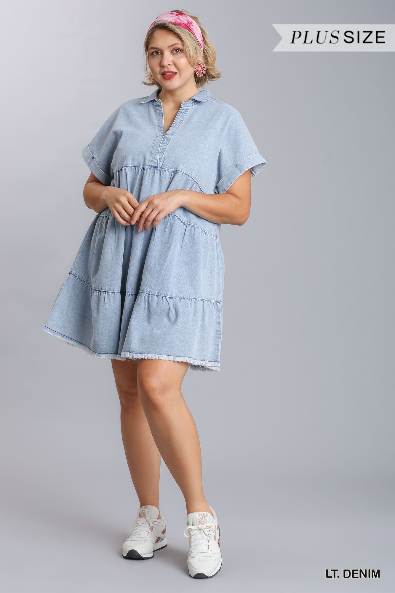 Umgee Plus Short Folded Sleeve V-Neck Collared Ruffle Tiered Denim Dress