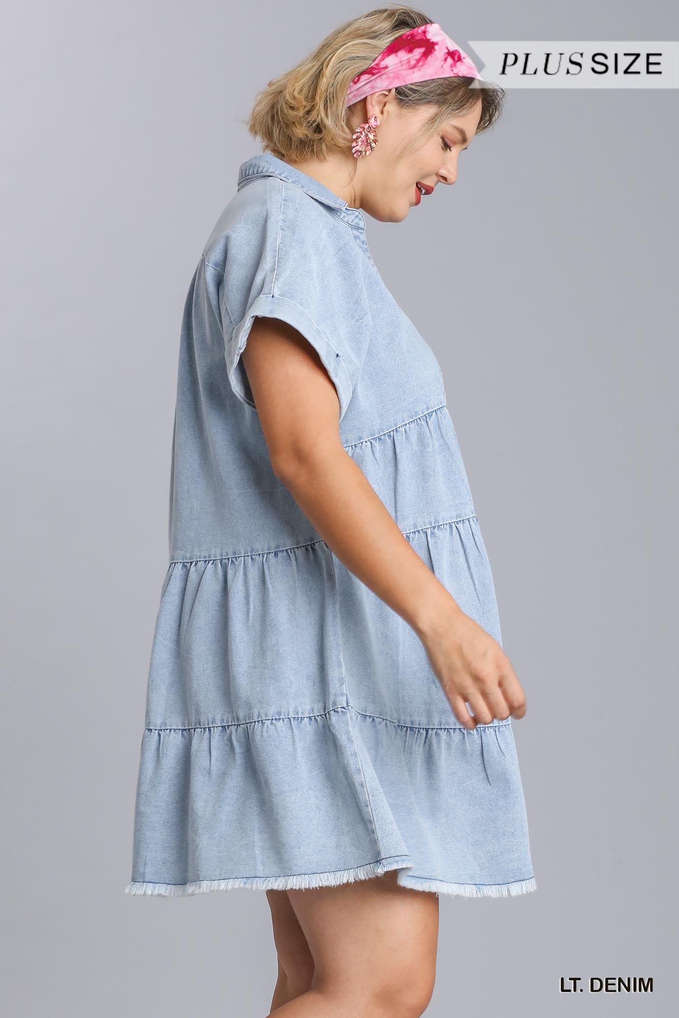 Umgee Plus Short Folded Sleeve V-Neck Collared Ruffle Tiered Denim Dress