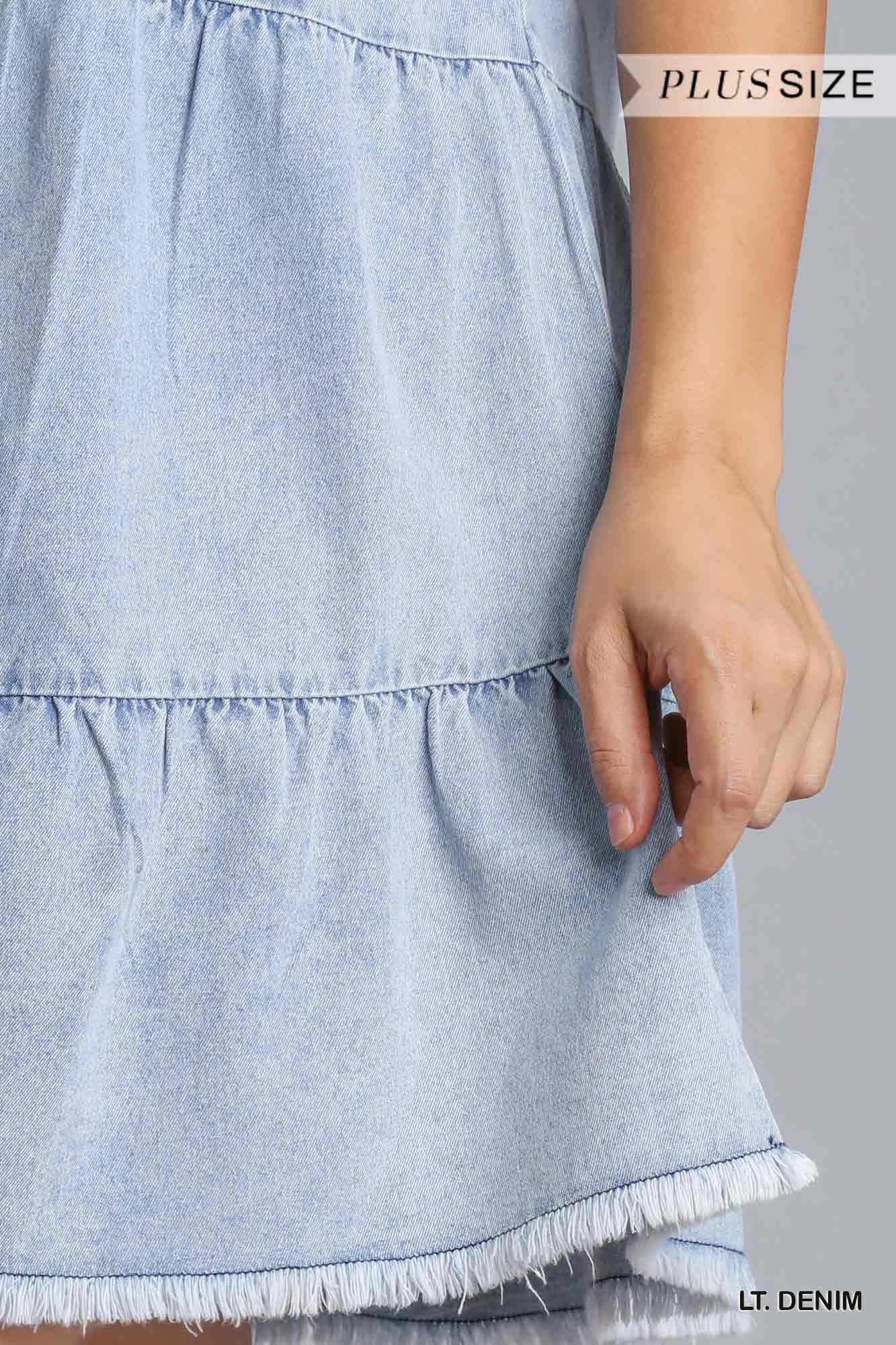 Umgee Plus Short Folded Sleeve V-Neck Collared Ruffle Tiered Denim Dress