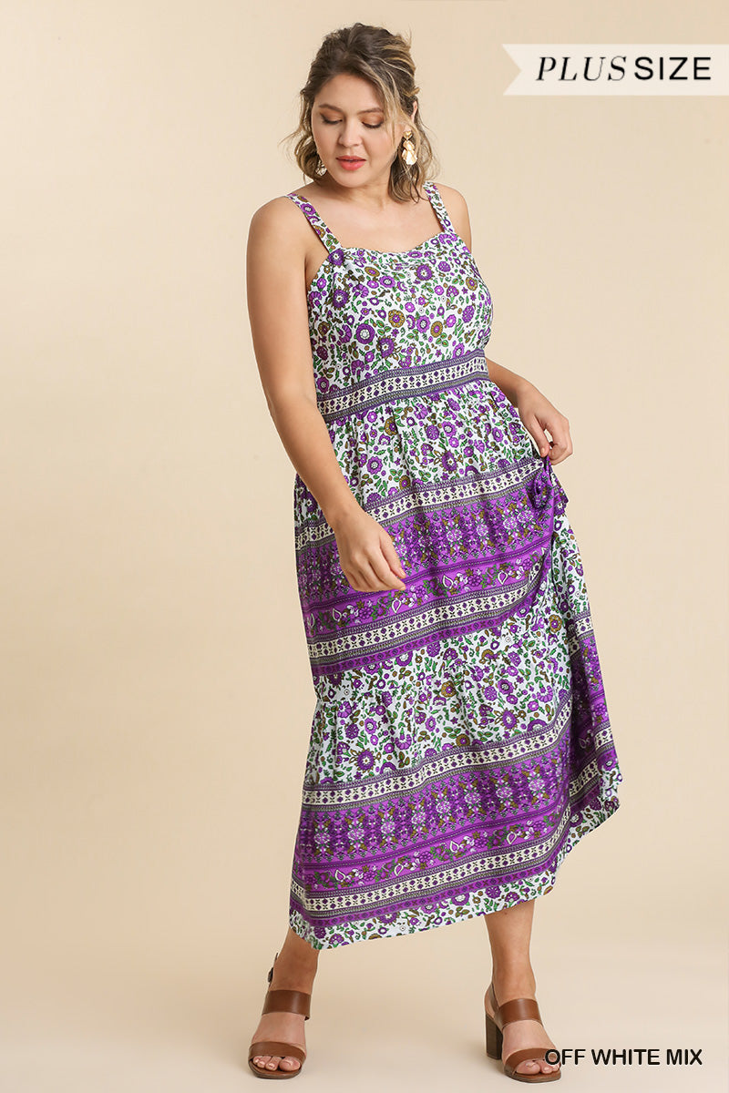 Umgee Plus Floral Border Print Sleeveless Tiered Maxi Dress