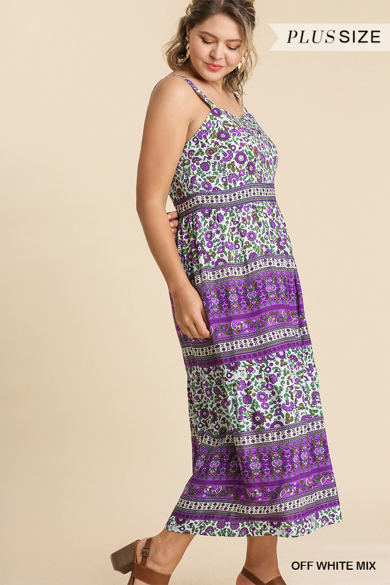 Umgee Plus Floral Border Print Sleeveless Tiered Maxi Dress