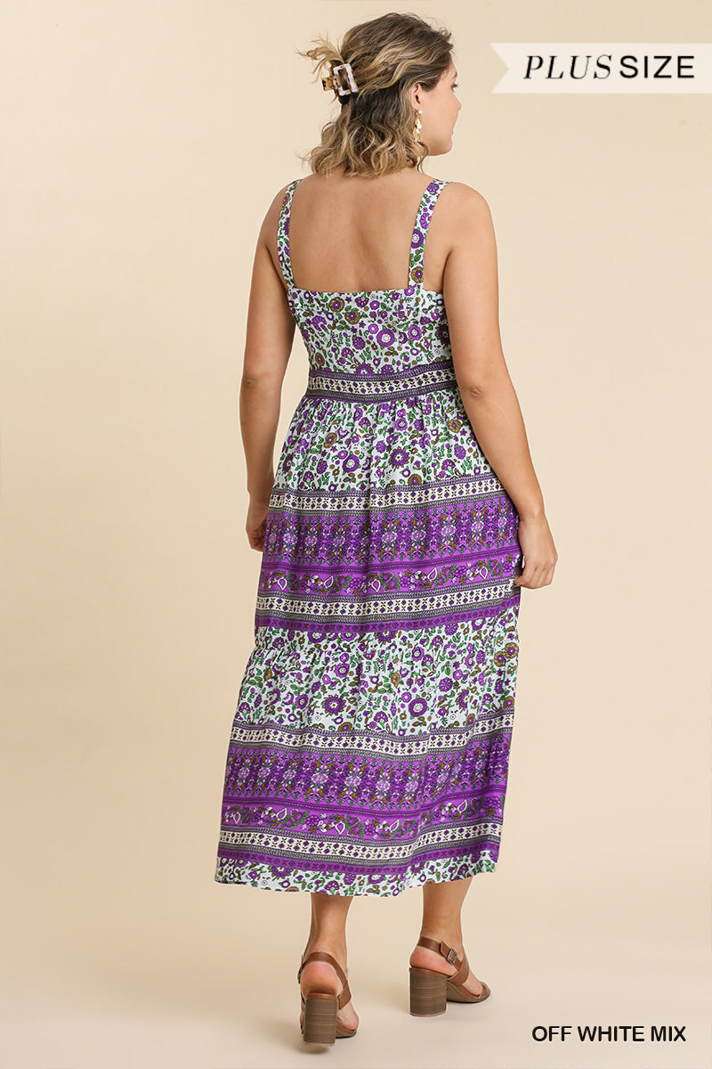 Umgee Plus Floral Border Print Sleeveless Tiered Maxi Dress