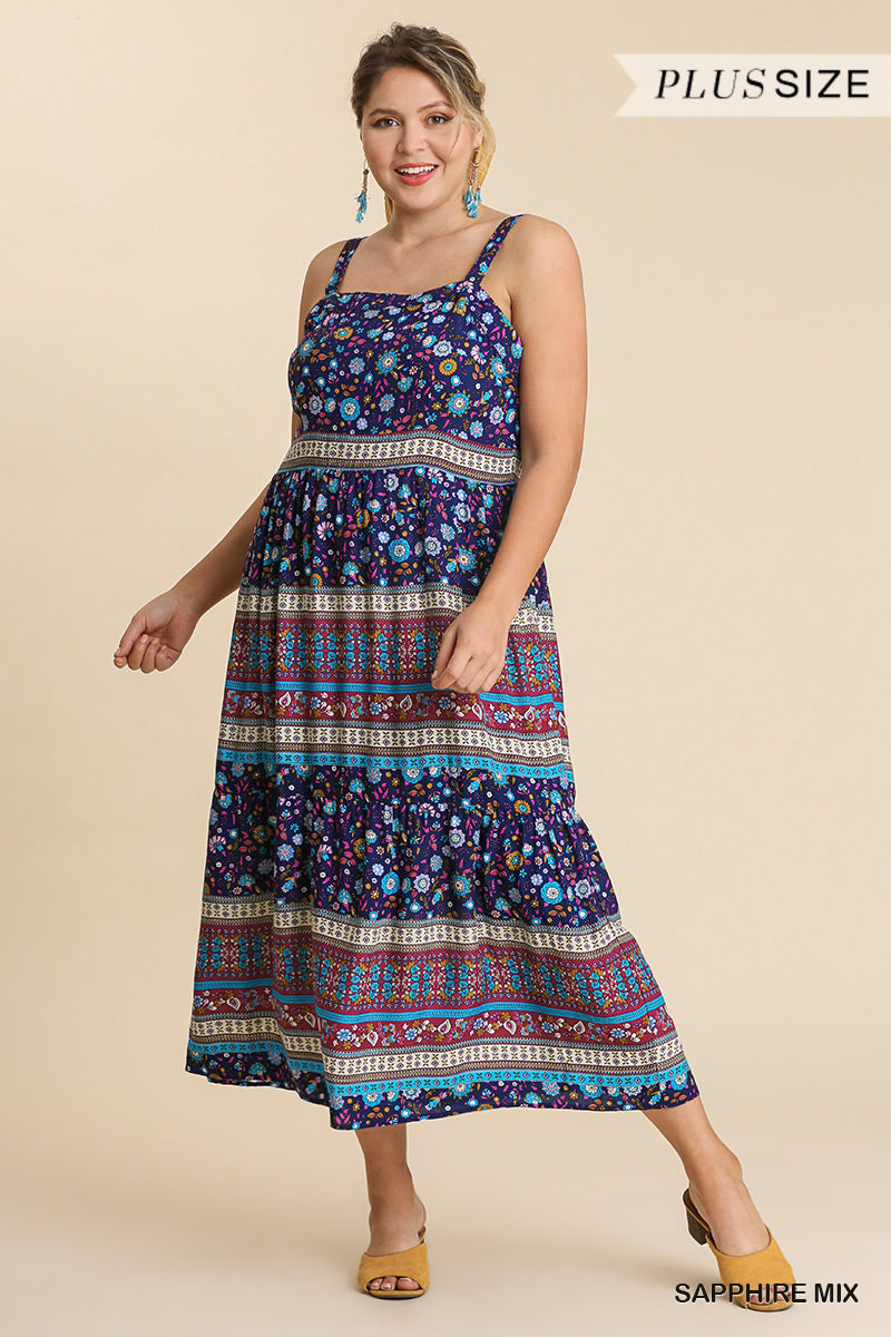 Umgee Plus Floral Border Print Sleeveless Tiered Maxi Dress