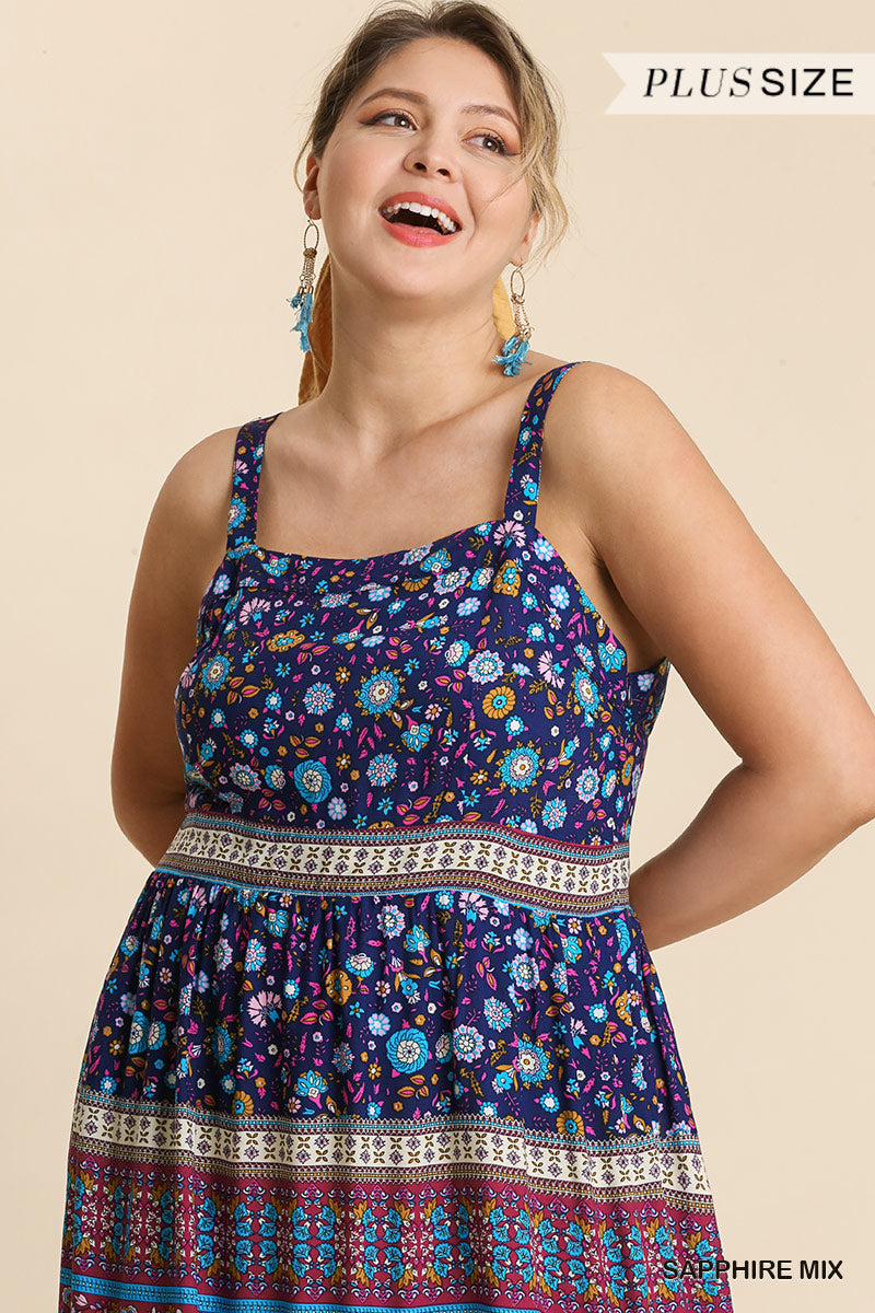 Umgee Plus Floral Border Print Sleeveless Tiered Maxi Dress