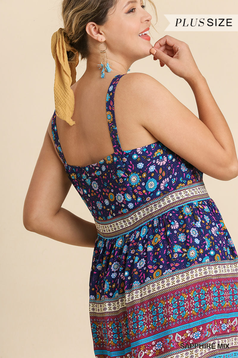 Umgee Plus Floral Border Print Sleeveless Tiered Maxi Dress