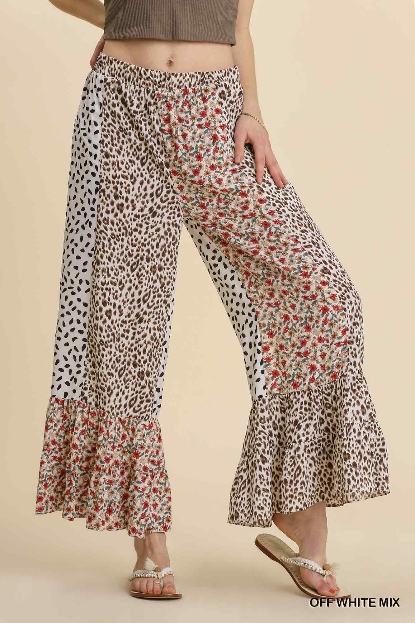 Umgee Animal Mixed Print Elastic Waistband Wide Leg Pants