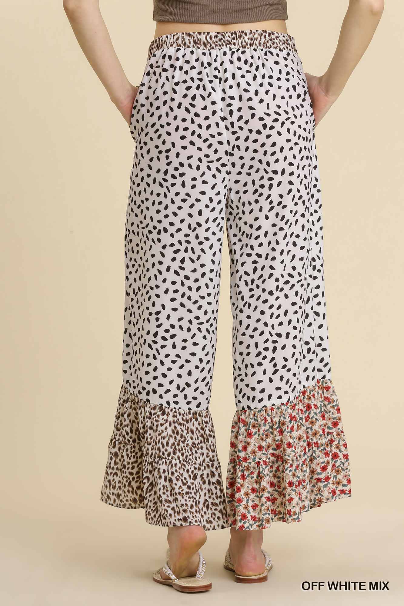 Umgee Animal Mixed Print Elastic Waistband Wide Leg Pants