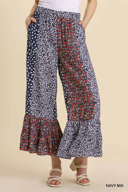 Umgee Animal Mixed Print Elastic Waistband Wide Leg Pants