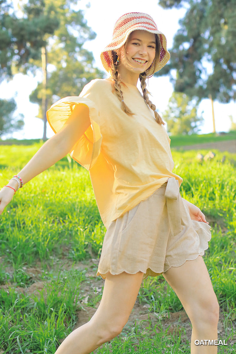 Umgee Linen Blend Elastic Waistband Tie String Scallop Trim Shorts