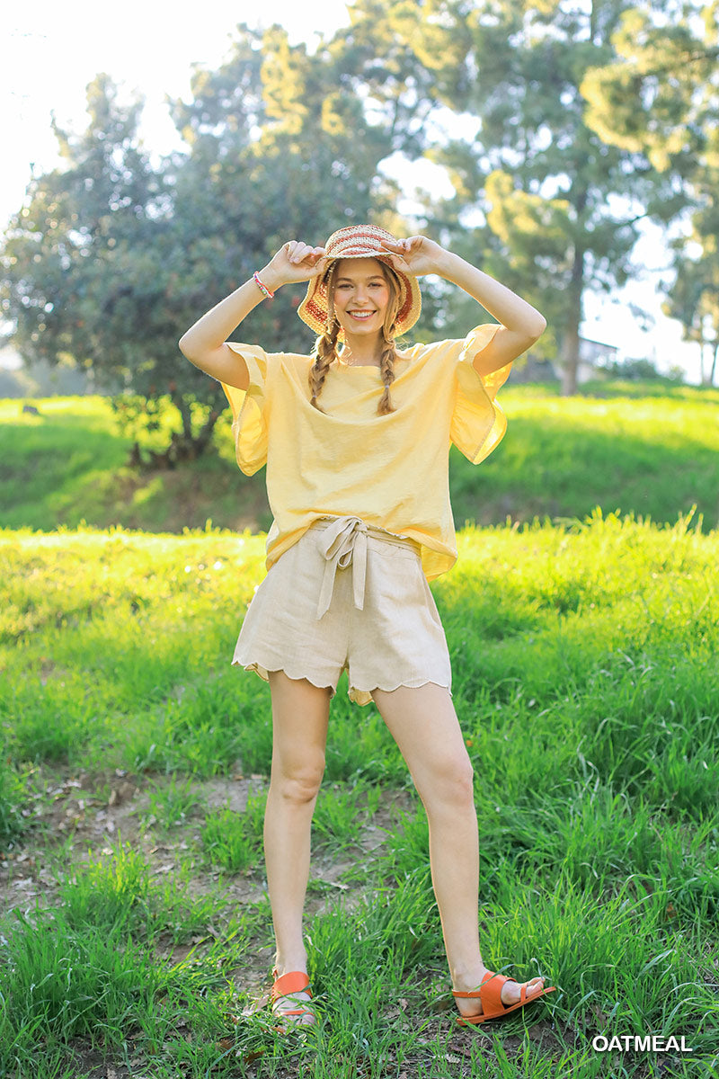 Umgee Linen Blend Elastic Waistband Tie String Scallop Trim Shorts