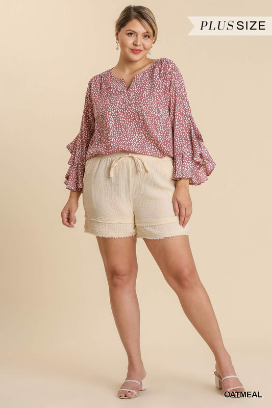 Umgee Plus Washed Bubble Gauze Elastic Waist Layered Shorts Pants