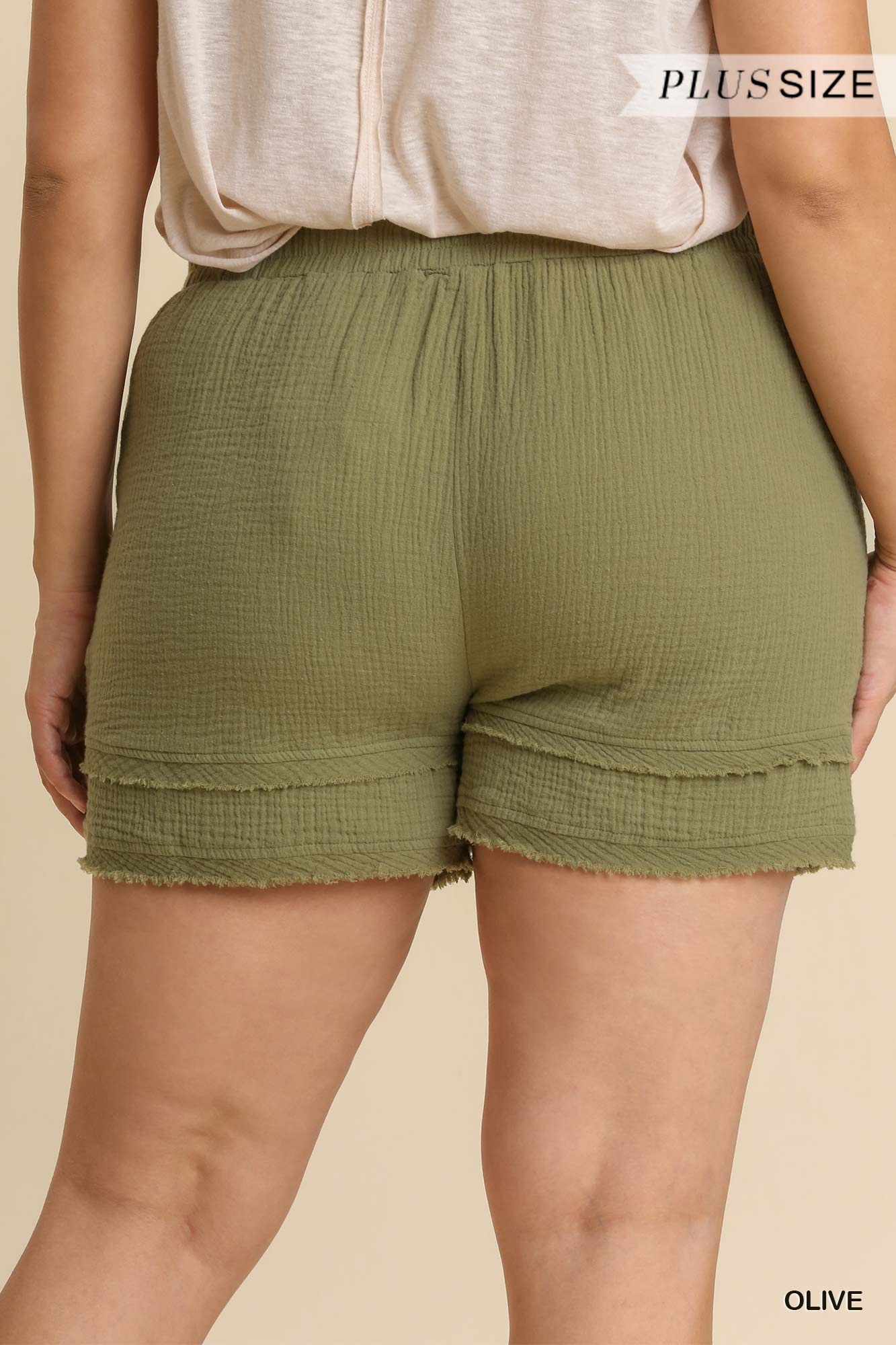 Umgee Plus Washed Bubble Gauze Elastic Waist Layered Shorts Pants