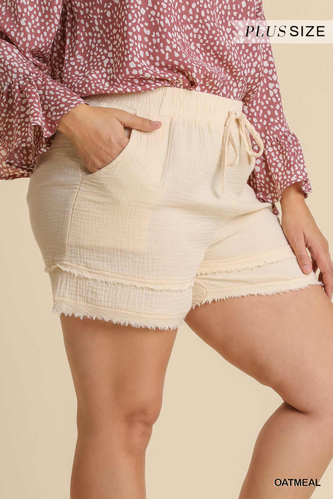 Umgee Plus Washed Bubble Gauze Elastic Waist Layered Shorts Pants