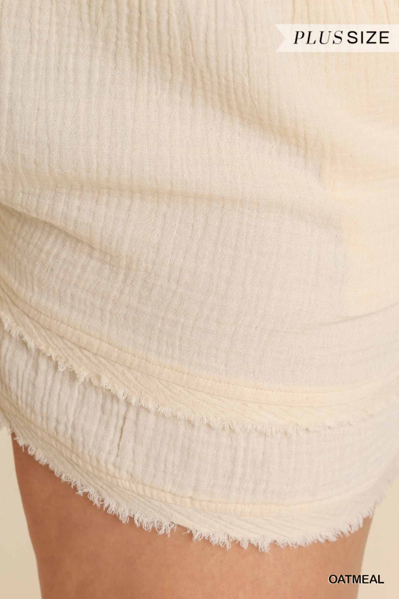 Umgee Plus Washed Bubble Gauze Elastic Waist Layered Shorts Pants