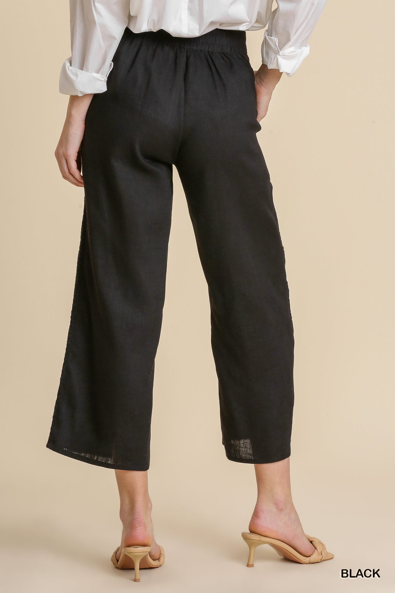 Umgee Linen Blend Elastic Waist Lace Tape Pockets Pants