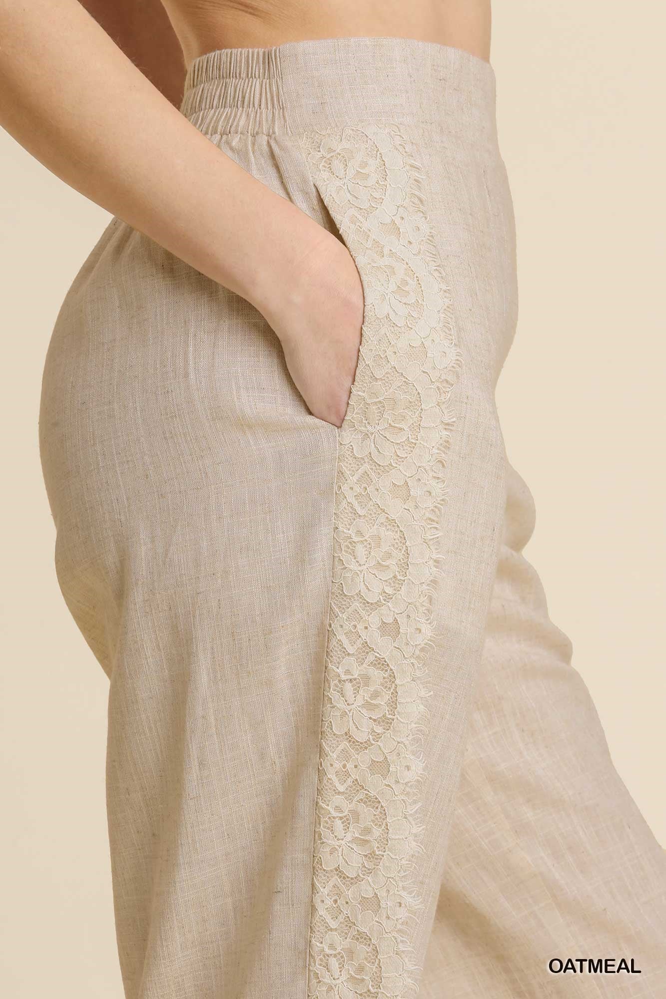 Umgee Linen Blend Elastic Waist Lace Tape Pockets Pants