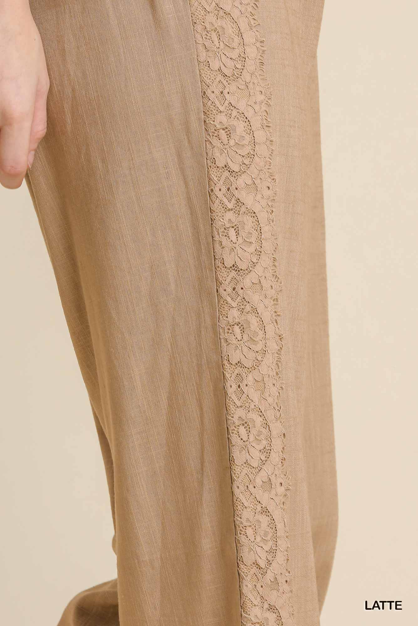 Umgee Linen Blend Elastic Waist Lace Tape Pockets Pants
