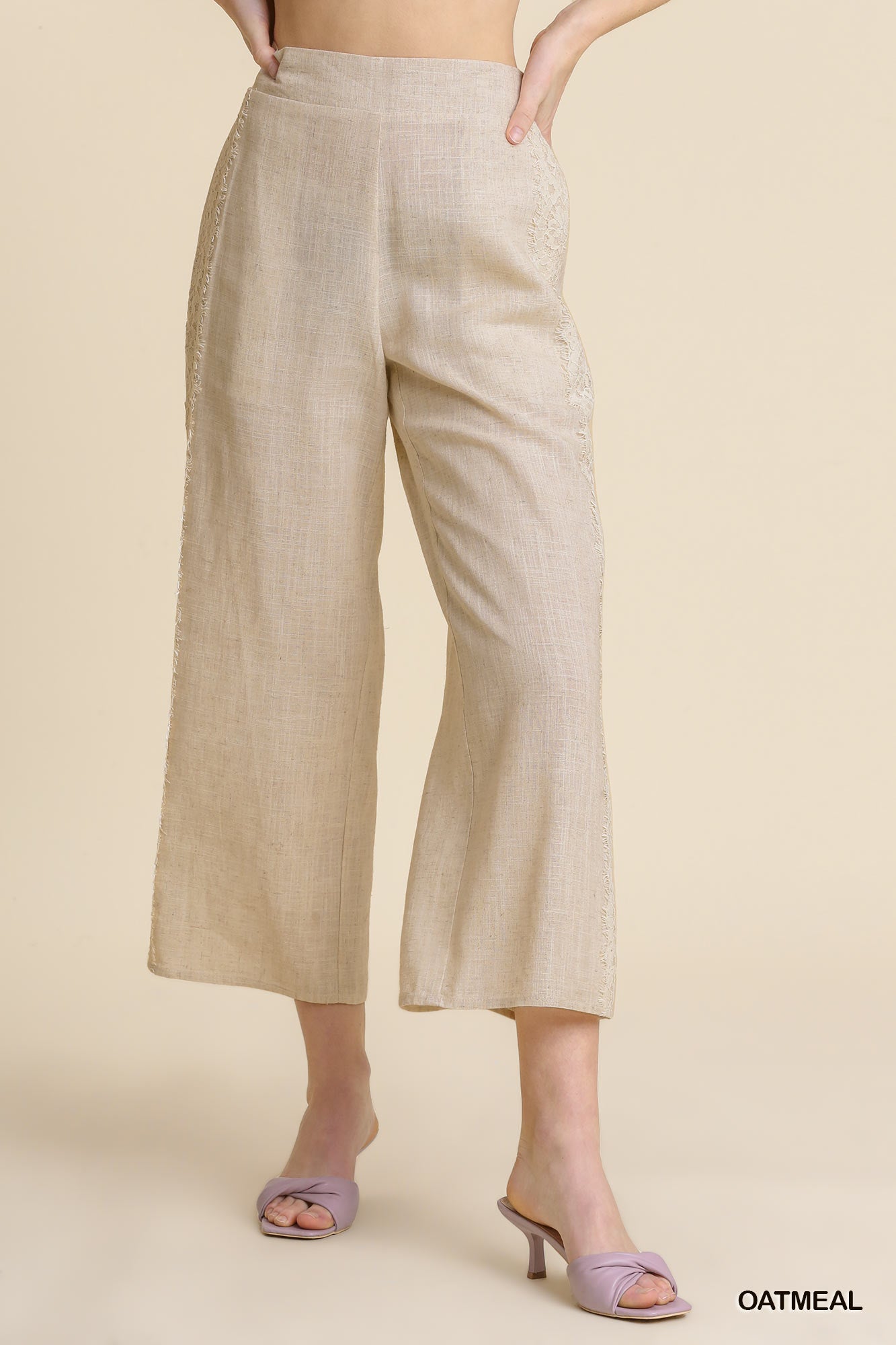 Umgee Linen Blend Elastic Waist Lace Tape Pockets Pants