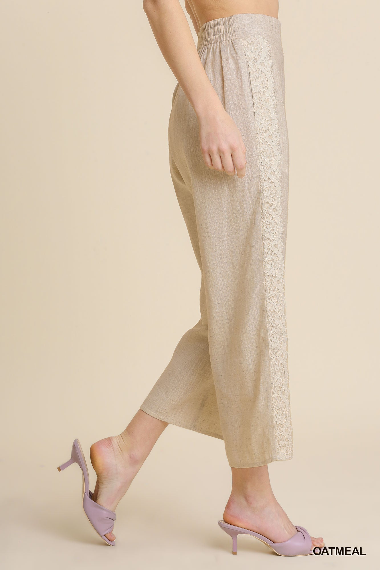 Umgee Linen Blend Elastic Waist Lace Tape Pockets Pants