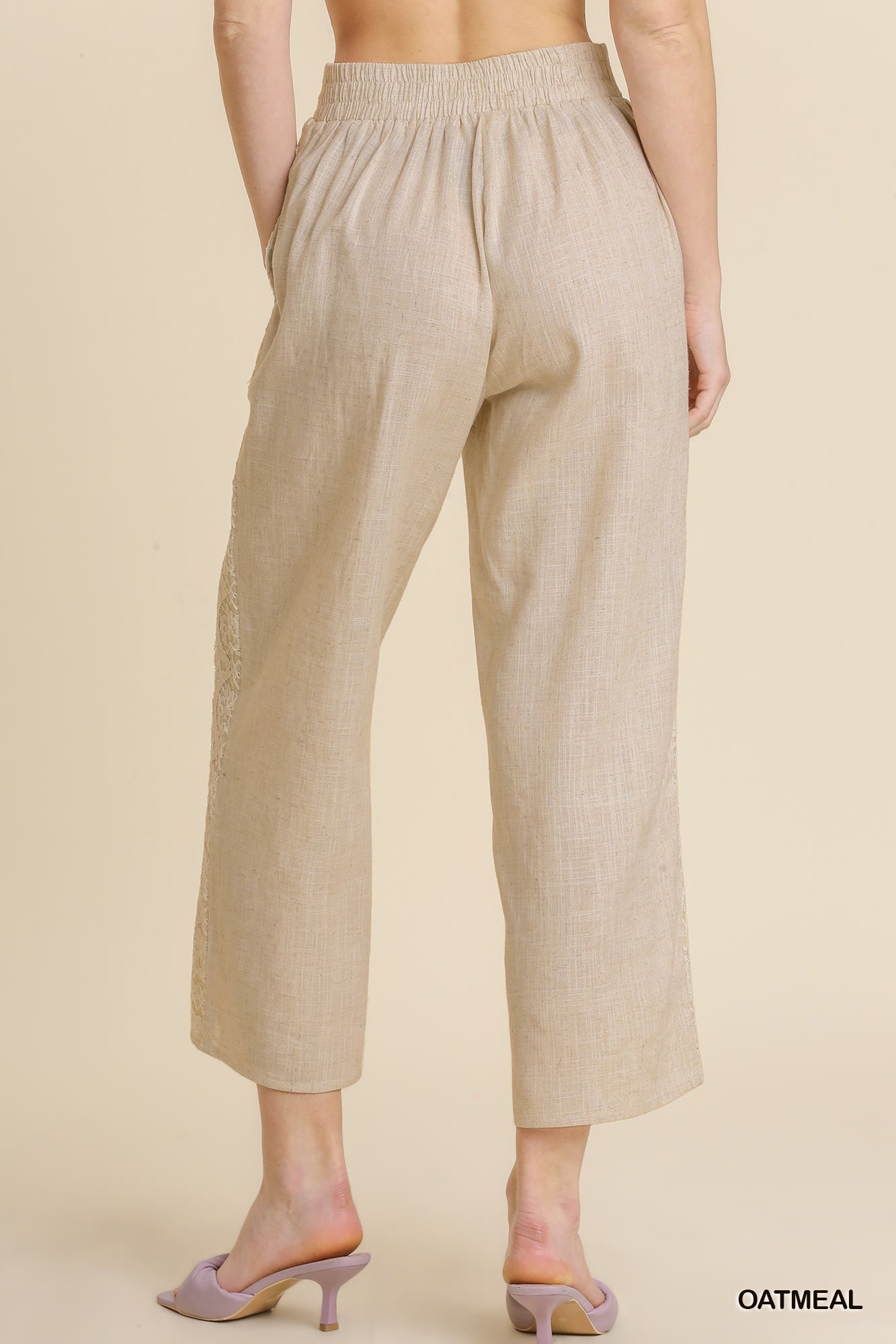 Umgee Linen Blend Elastic Waist Lace Tape Pockets Pants