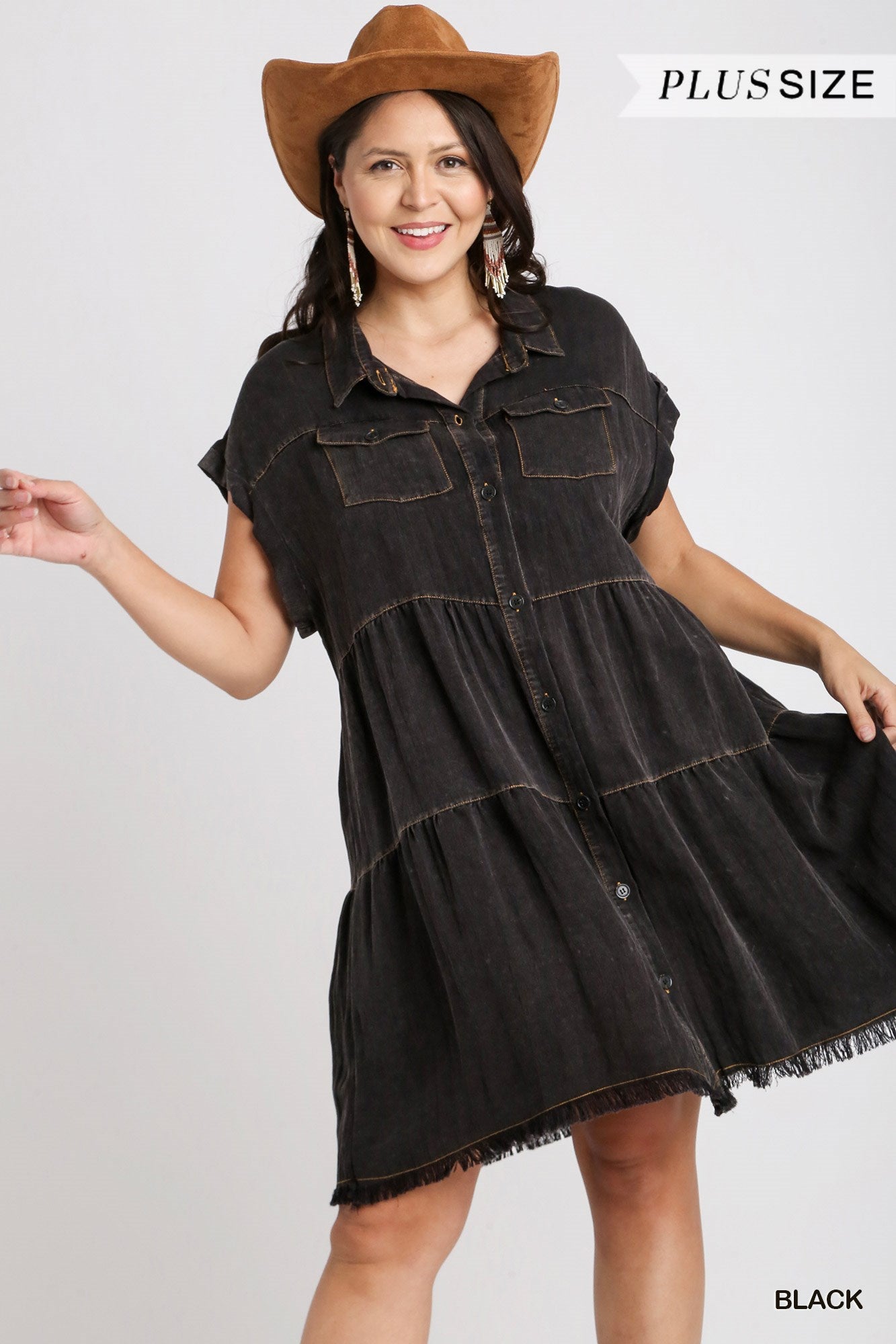 Umgee Plus Short Folded Sleeve Button Front Collared Ruffle Dress