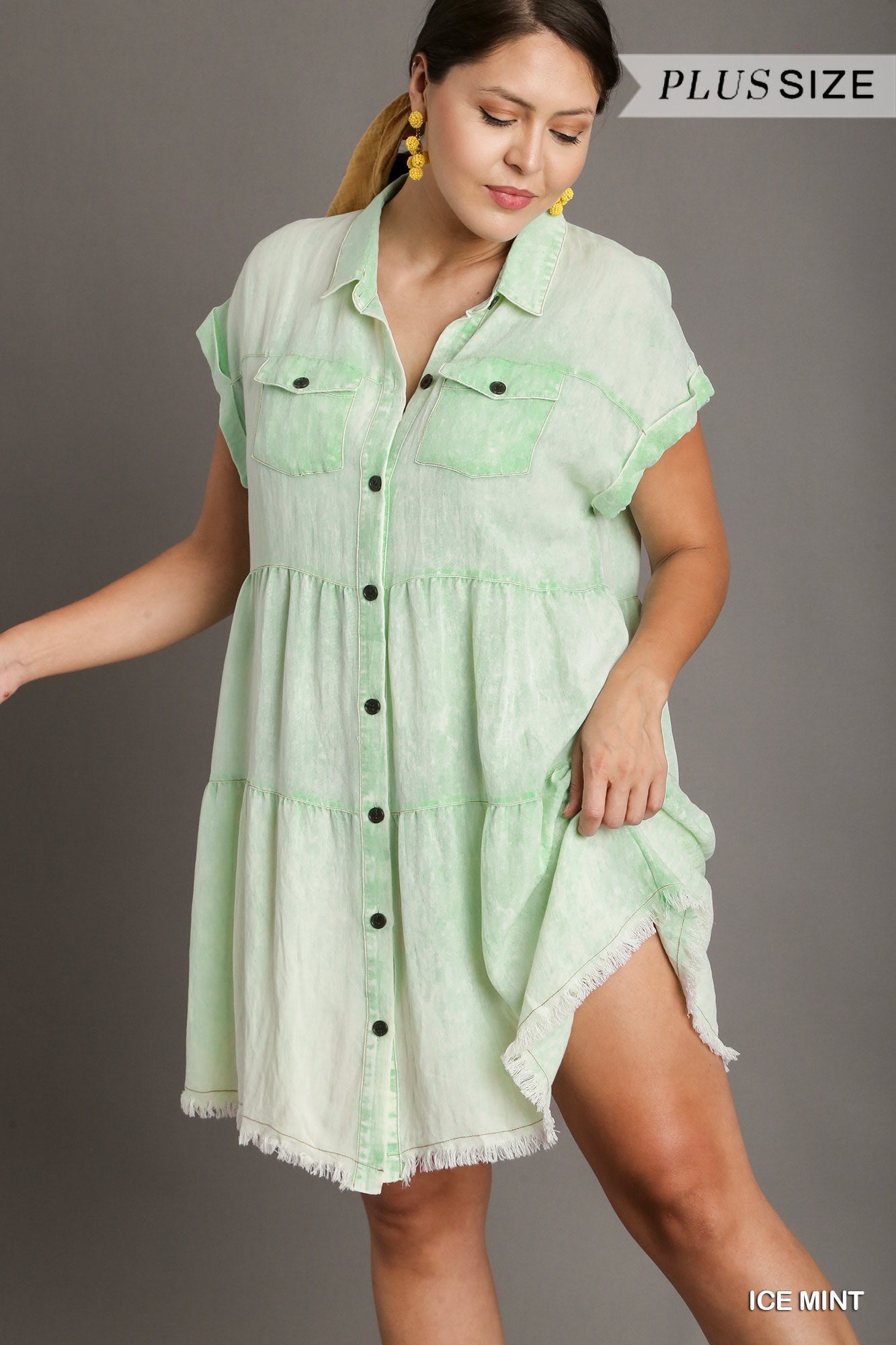 Umgee Plus Short Folded Sleeve Button Front Collared Ruffle Dress