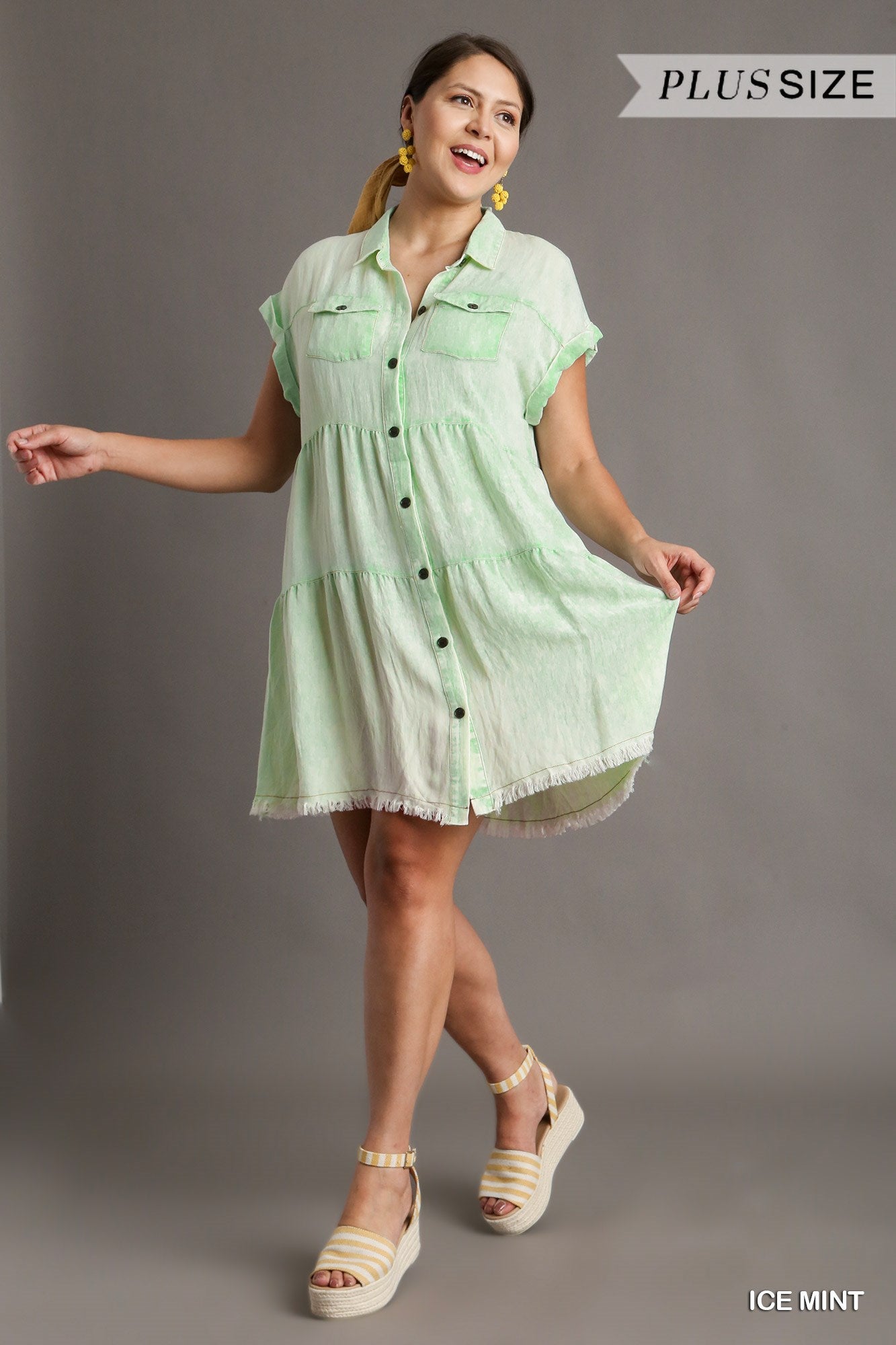 Umgee Plus Short Folded Sleeve Button Front Collared Ruffle Dress