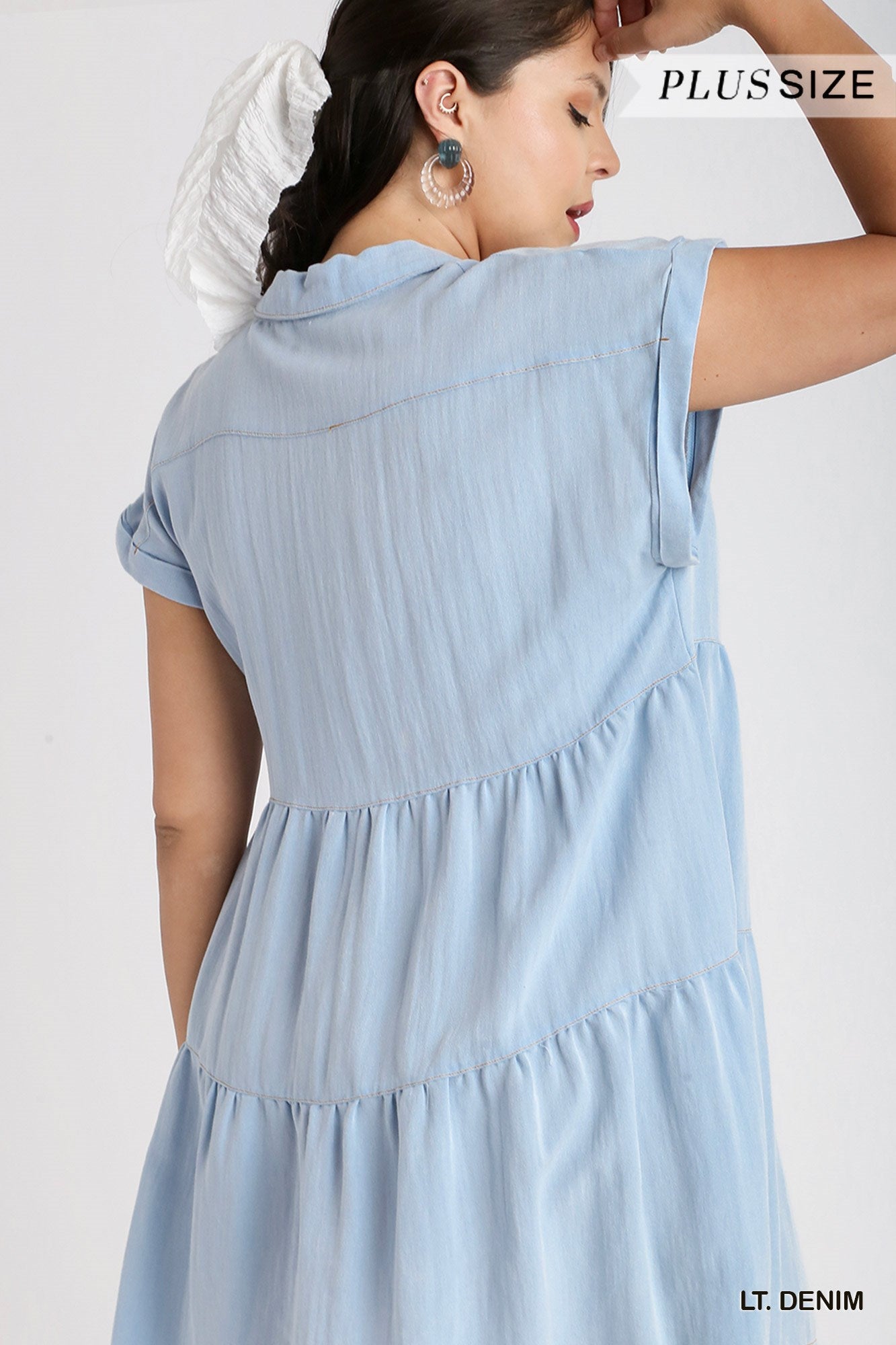 Umgee Plus Short Folded Sleeve Button Front Collared Ruffle Dress
