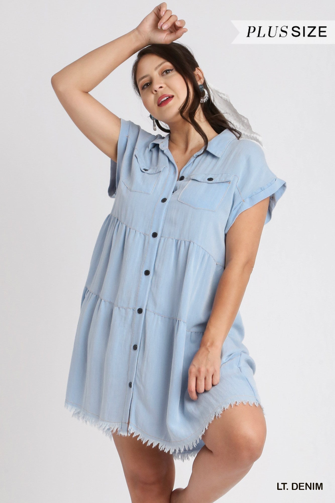 Umgee Plus Short Folded Sleeve Button Front Collared Ruffle Dress