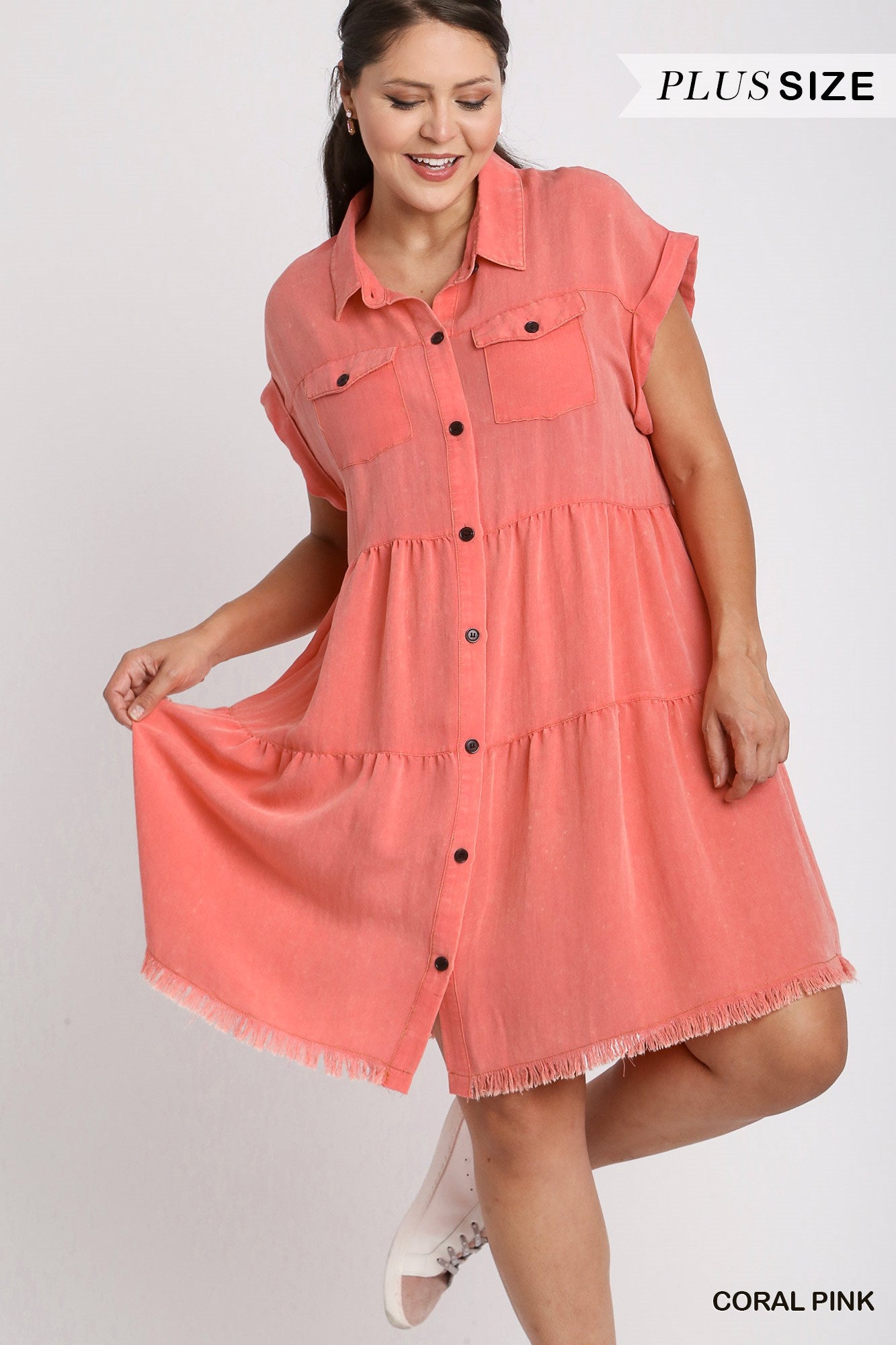 Umgee Plus Short Folded Sleeve Button Front Collared Ruffle Dress