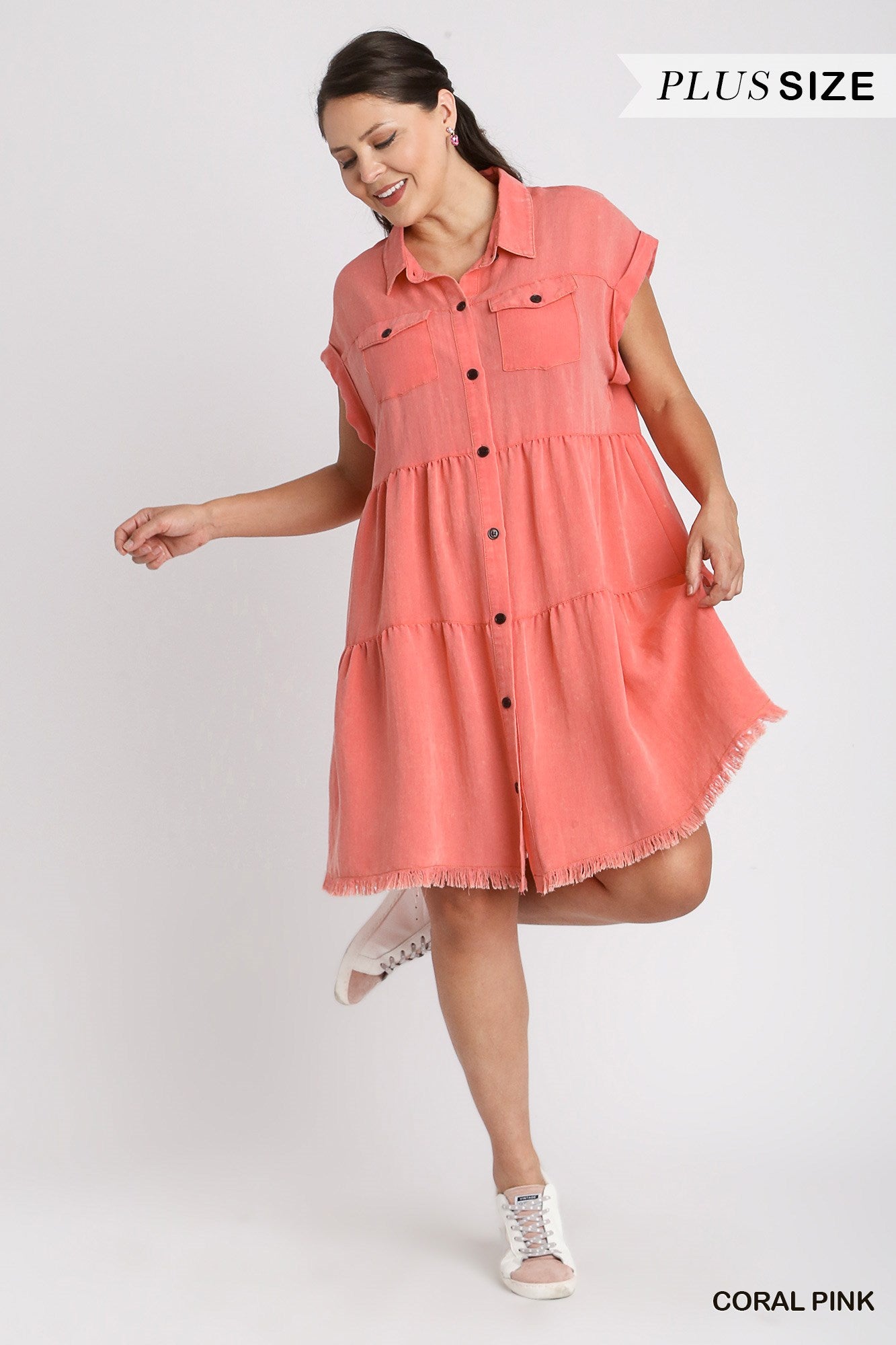 Umgee Plus Short Folded Sleeve Button Front Collared Ruffle Dress