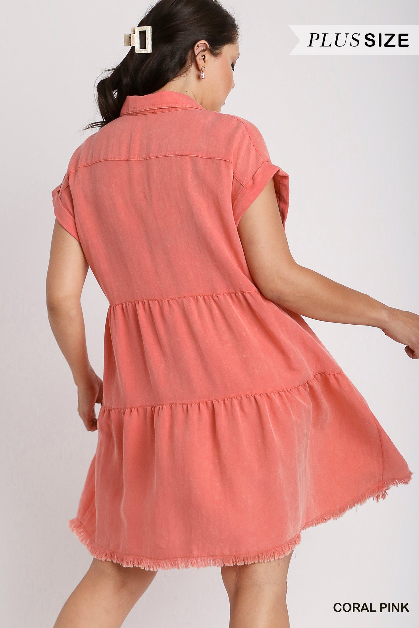 Umgee Plus Short Folded Sleeve Button Front Collared Ruffle Dress
