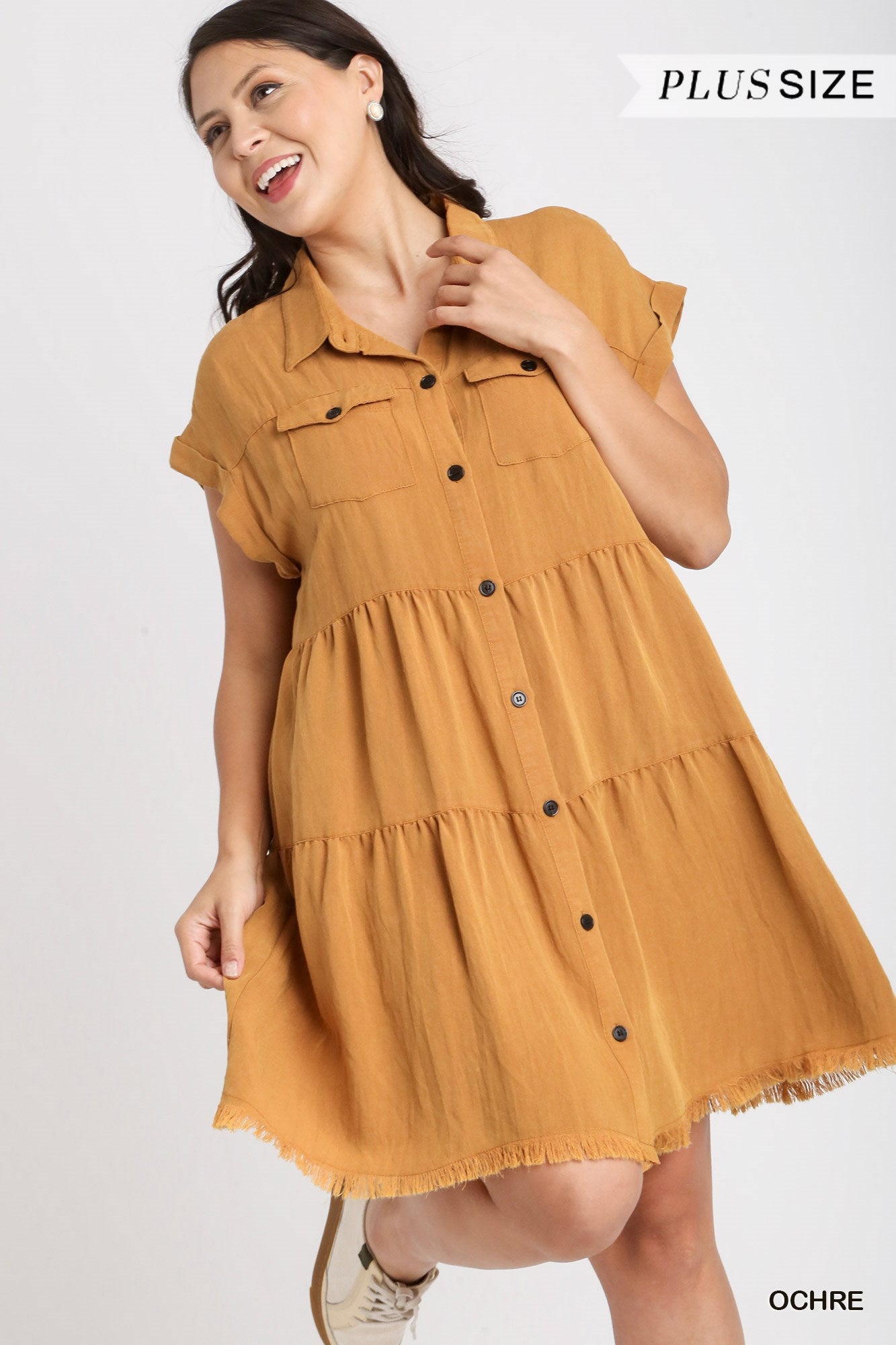 Umgee Plus Short Folded Sleeve Button Front Collared Ruffle Dress