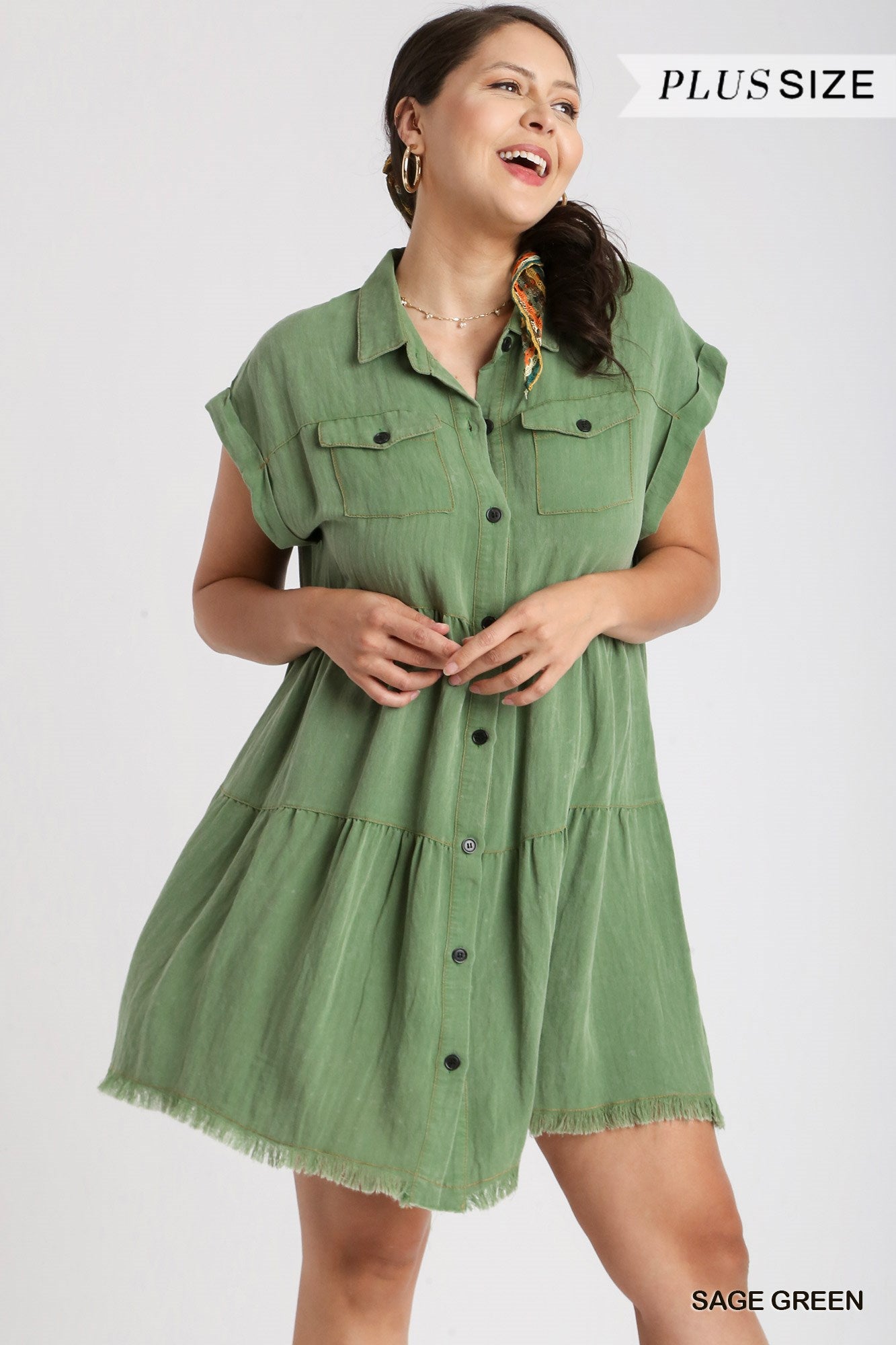 Umgee Plus Short Folded Sleeve Button Front Collared Ruffle Dress