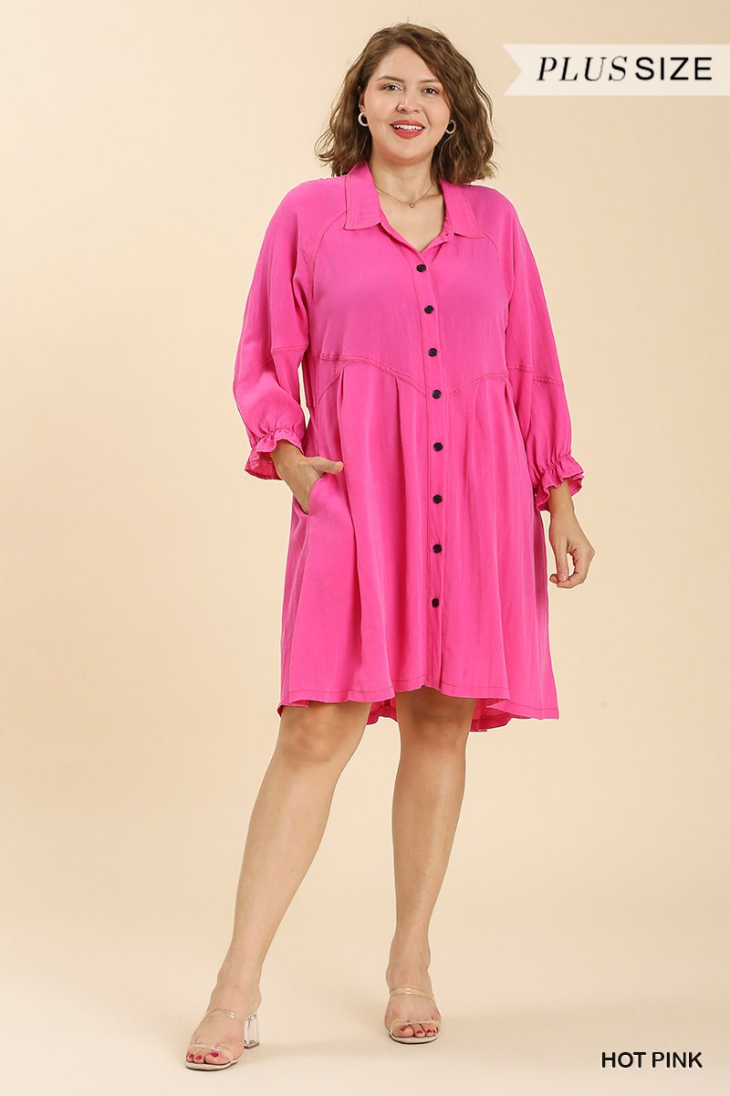 Umgee Plus Snow Washed Button Down Ruffle Cuffed Long Sleeve Dress
