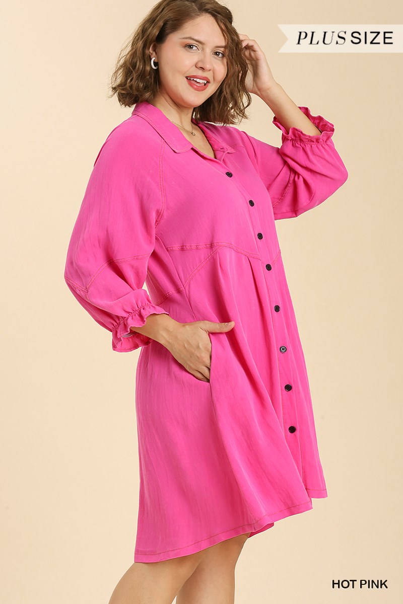Umgee Plus Snow Washed Button Down Ruffle Cuffed Long Sleeve Dress