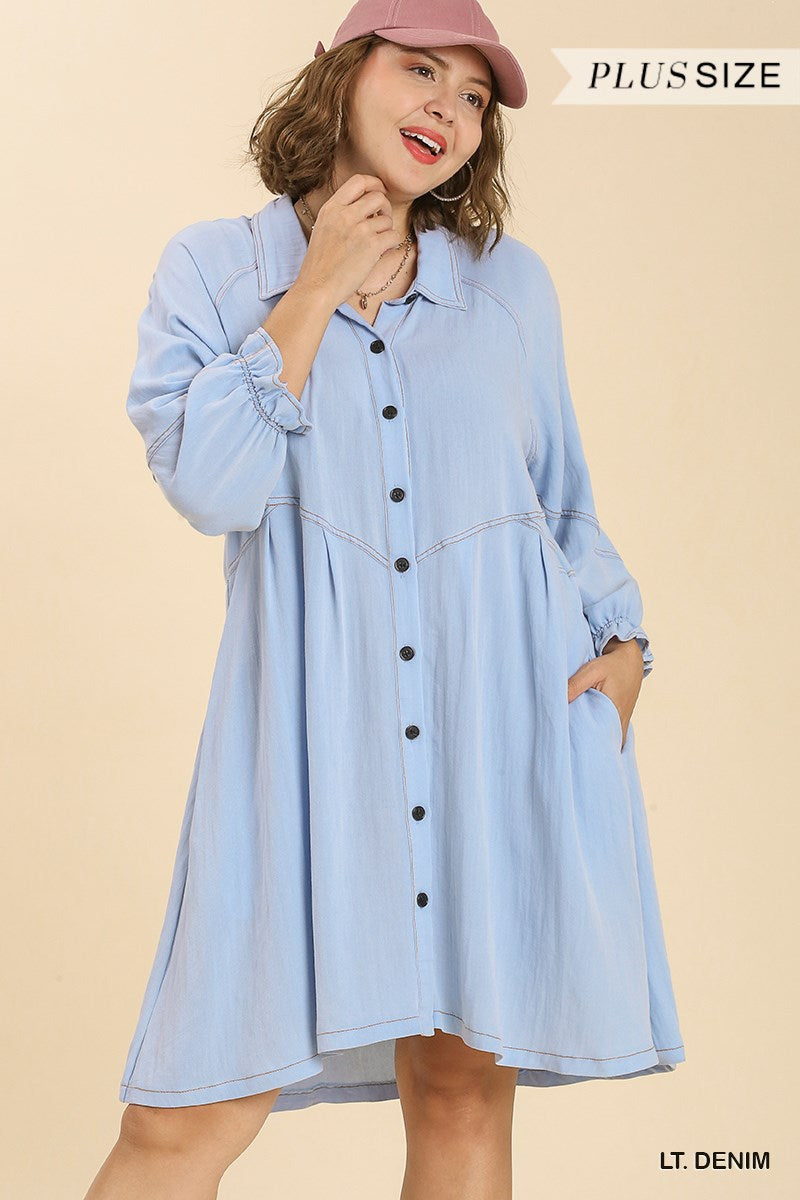 Umgee Plus Snow Washed Button Down Ruffle Cuffed Long Sleeve Dress