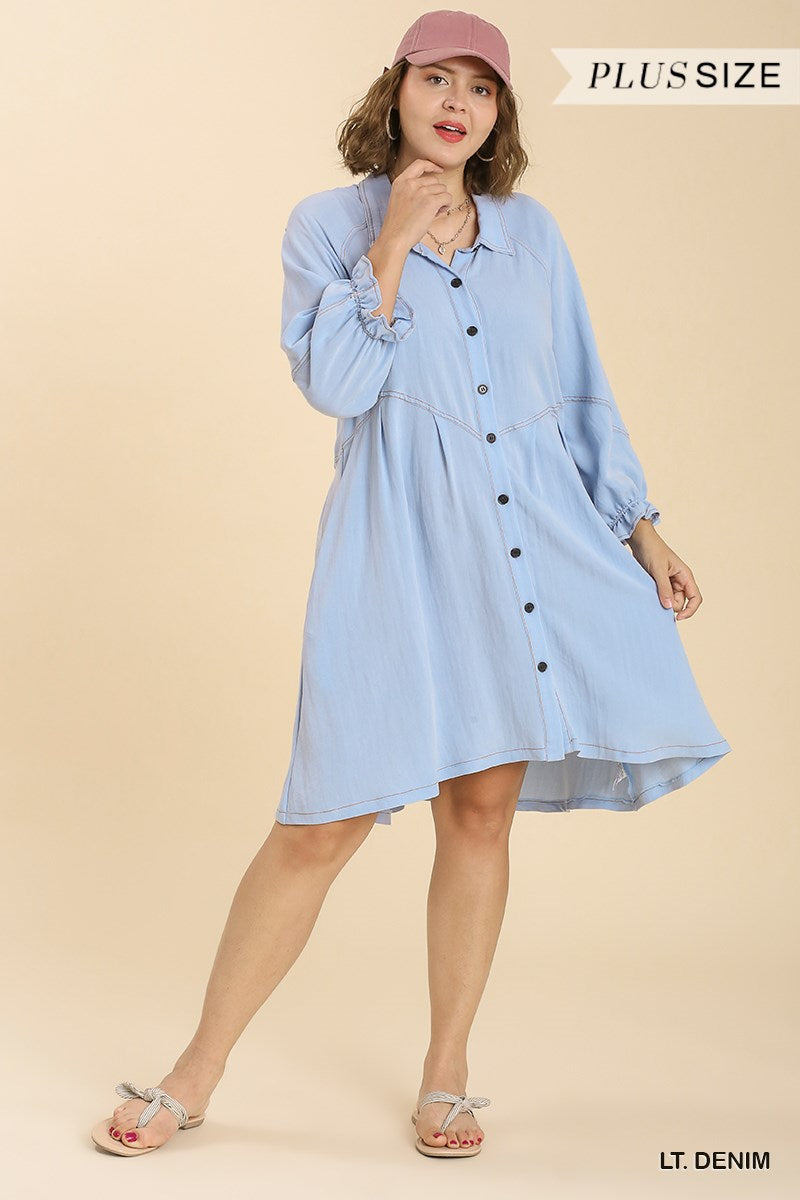 Umgee Plus Snow Washed Button Down Ruffle Cuffed Long Sleeve Dress