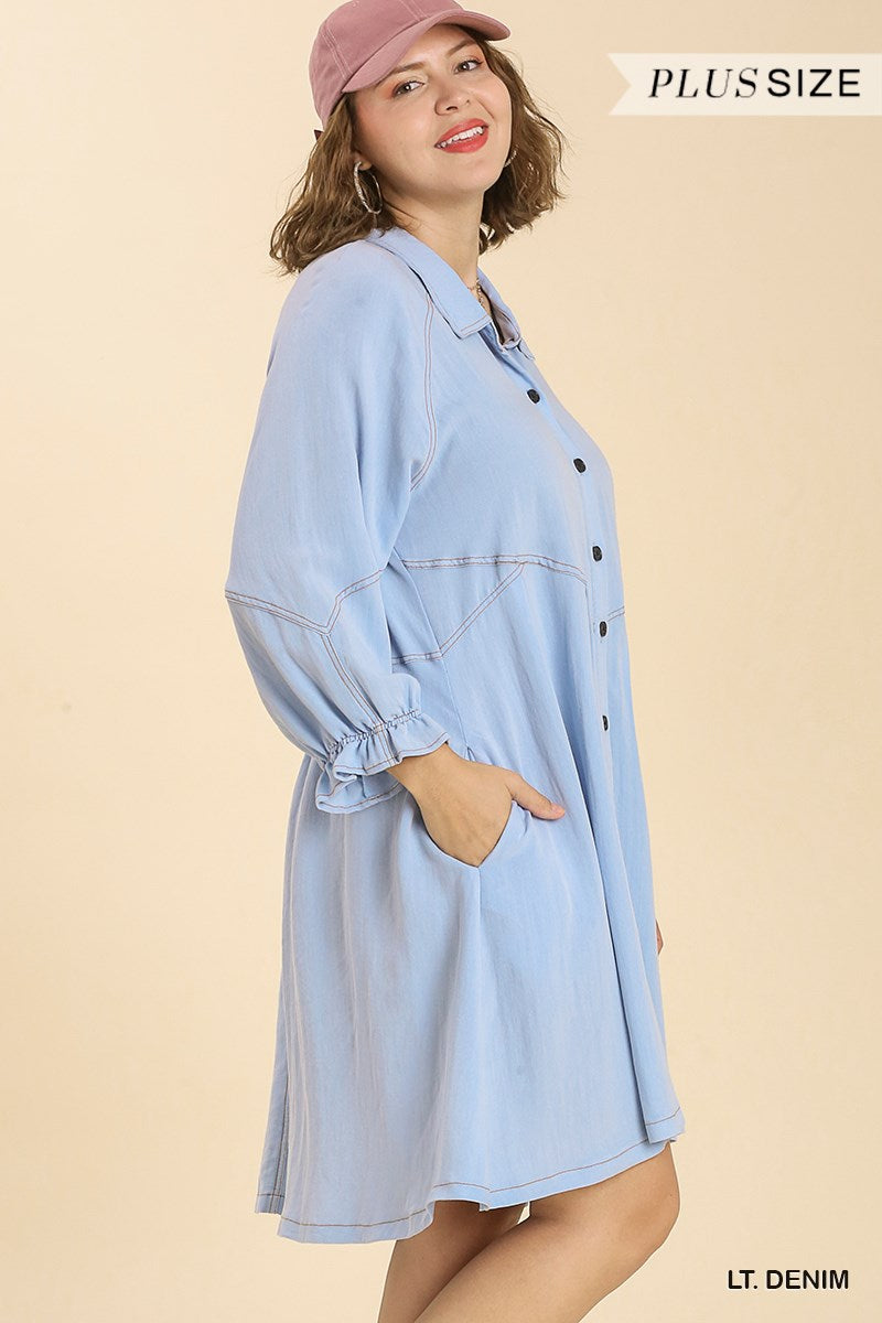 Umgee Plus Snow Washed Button Down Ruffle Cuffed Long Sleeve Dress