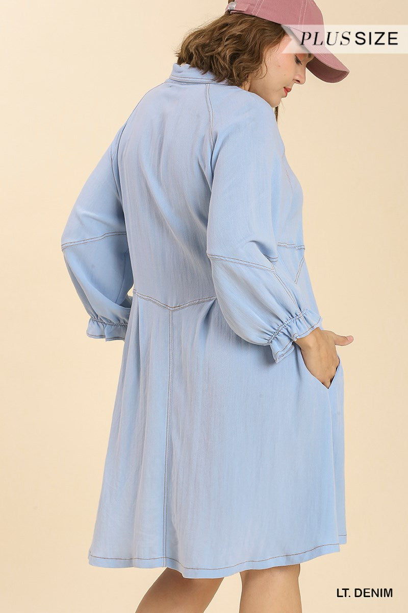 Umgee Plus Snow Washed Button Down Ruffle Cuffed Long Sleeve Dress