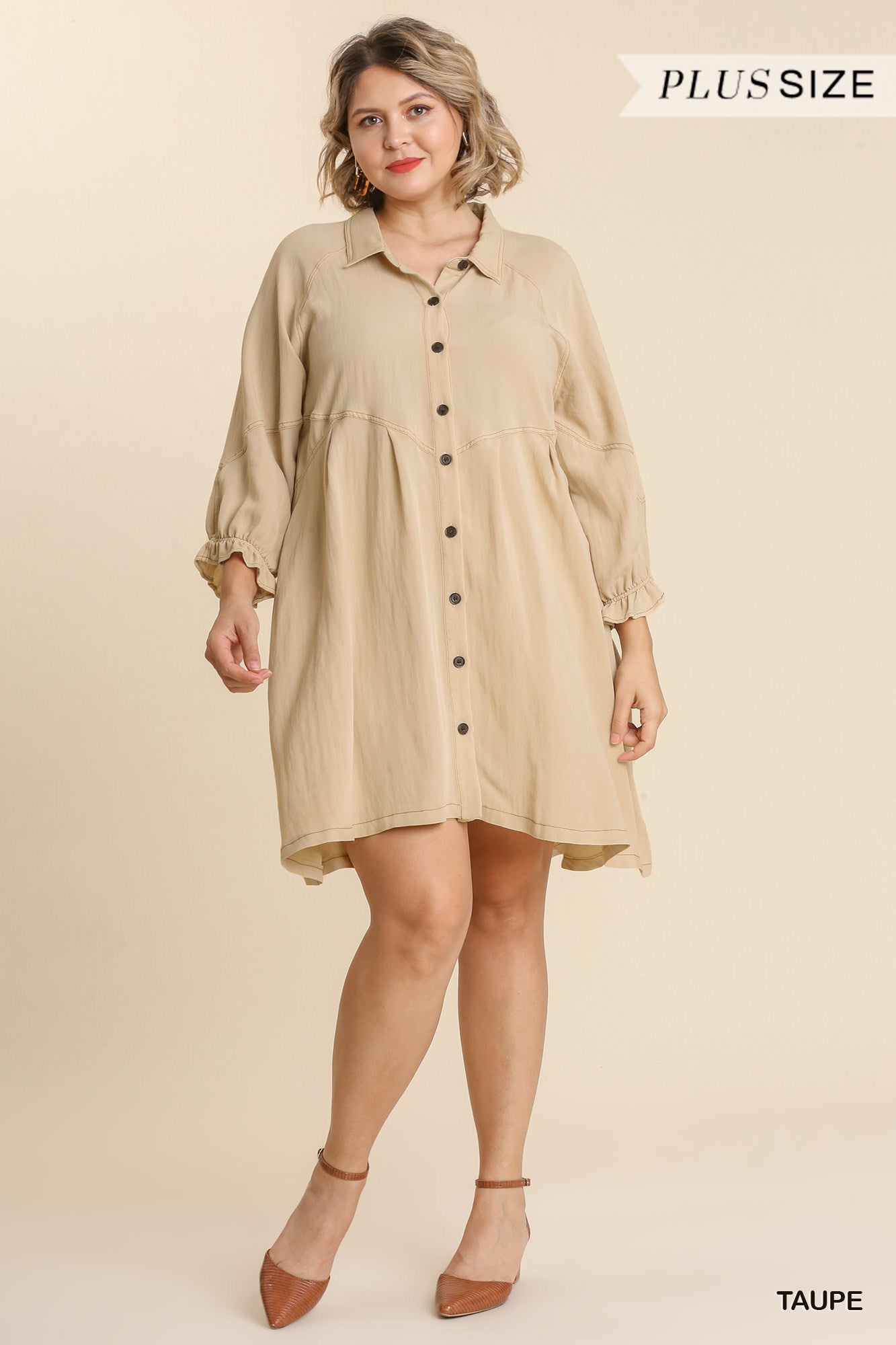 Umgee Plus Snow Washed Button Down Ruffle Cuffed Long Sleeve Dress