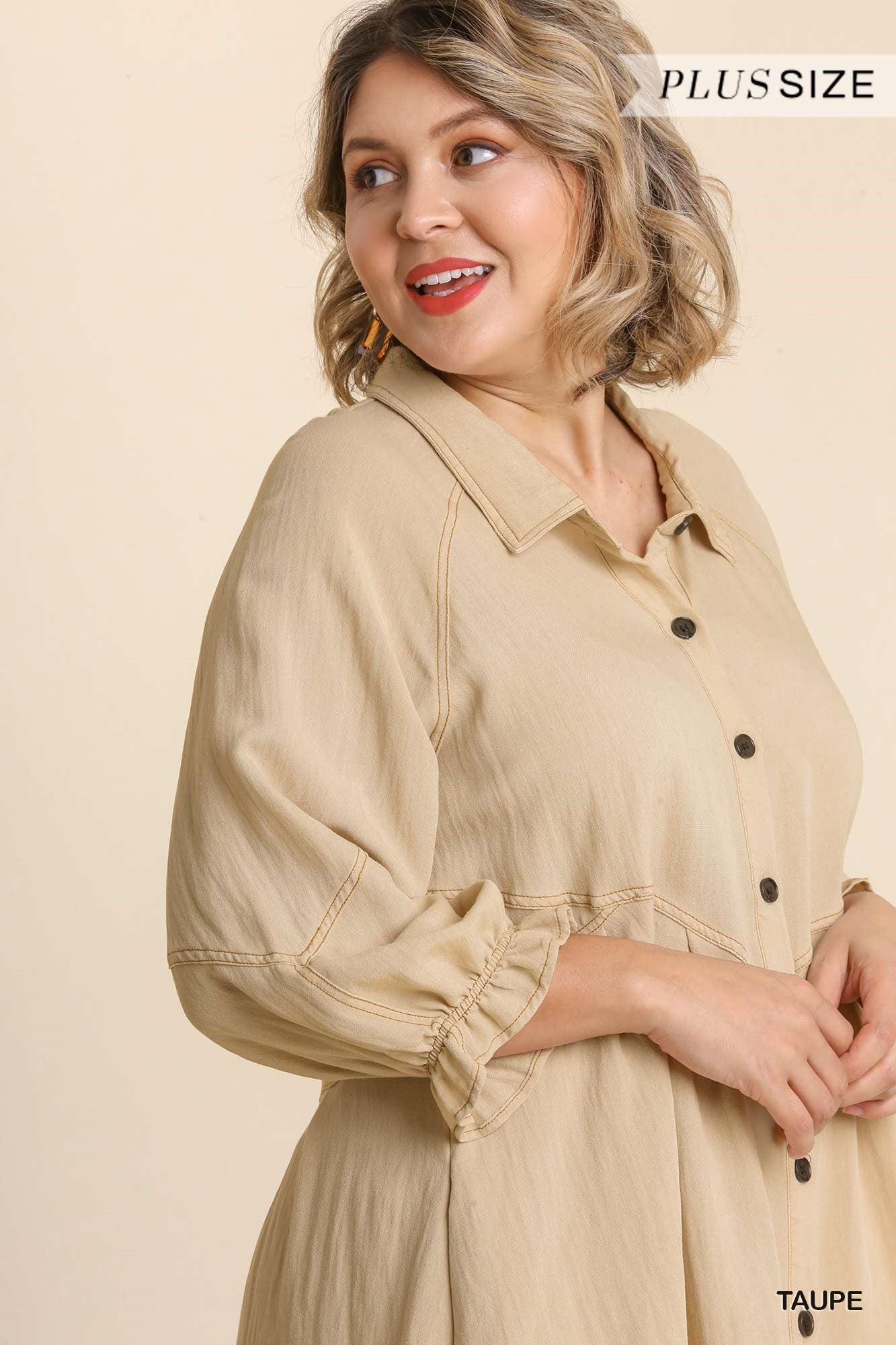 Umgee Plus Snow Washed Button Down Ruffle Cuffed Long Sleeve Dress